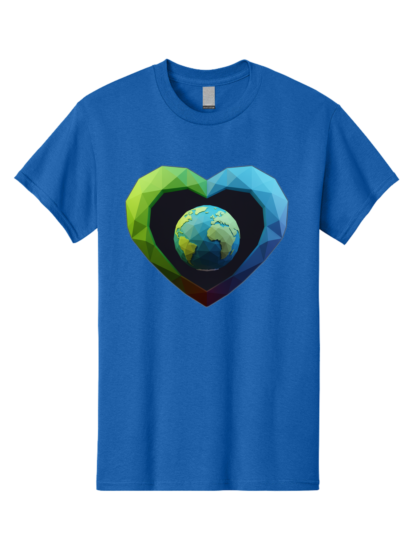 Earth-In-Heart-2 Men'S Graphic Tee, 100% Cotton, Comfortable Casual Summer Wear, Machine Washable, Globe In The Heart, Low Poly Art, Earth Love, Eco Friendly, Environmental Awareness, Blue And Green Hues, Polygonal Heart, Earth Centered, Baa582