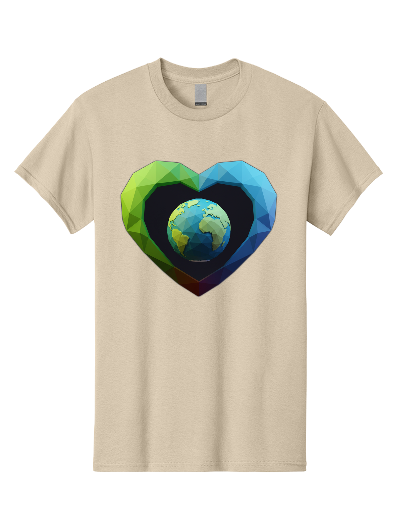 Earth-In-Heart-2 Men'S Graphic Tee, 100% Cotton, Comfortable Casual Summer Wear, Machine Washable, Globe In The Heart, Low Poly Art, Earth Love, Eco Friendly, Environmental Awareness, Blue And Green Hues, Polygonal Heart, Earth Centered, Baa582