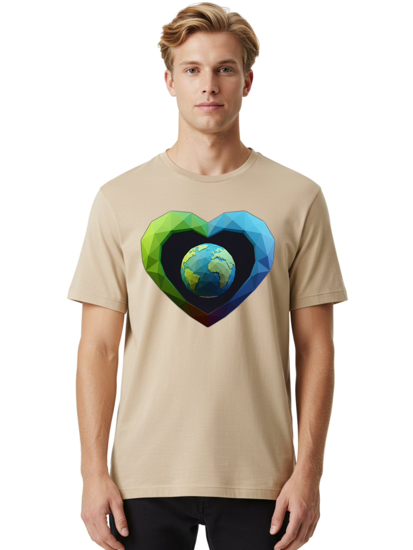Earth-In-Heart-2 Men'S Graphic Tee, 100% Cotton, Comfortable Casual Summer Wear, Machine Washable, Globe In The Heart, Low Poly Art, Earth Love, Eco Friendly, Environmental Awareness, Blue And Green Hues, Polygonal Heart, Earth Centered, Baa582