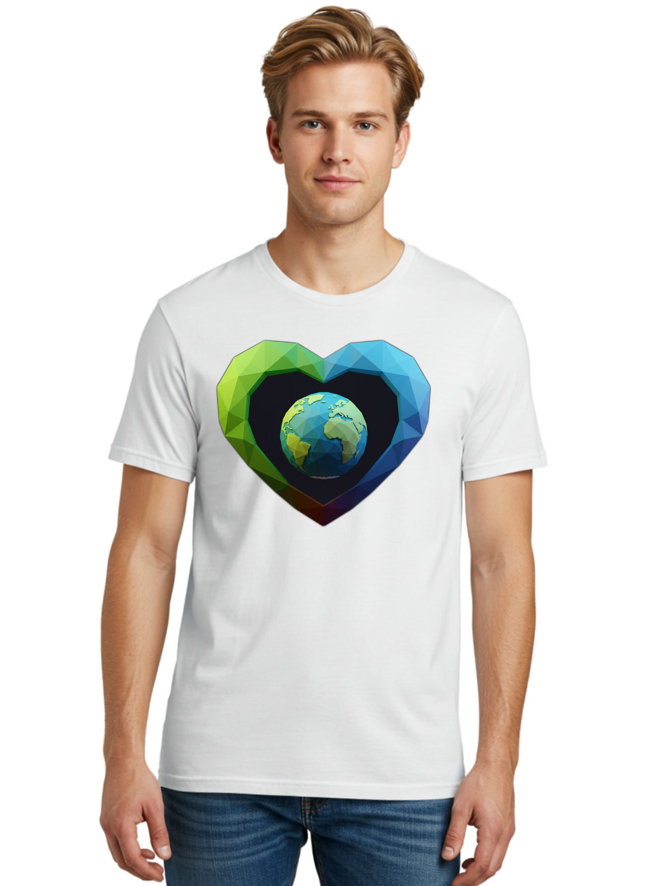 Earth-In-Heart-2 Men'S Graphic Tee, 100% Cotton, Comfortable Casual Summer Wear, Machine Washable, Globe In The Heart, Low Poly Art, Earth Love, Eco Friendly, Environmental Awareness, Blue And Green Hues, Polygonal Heart, Earth Centered, Baa582