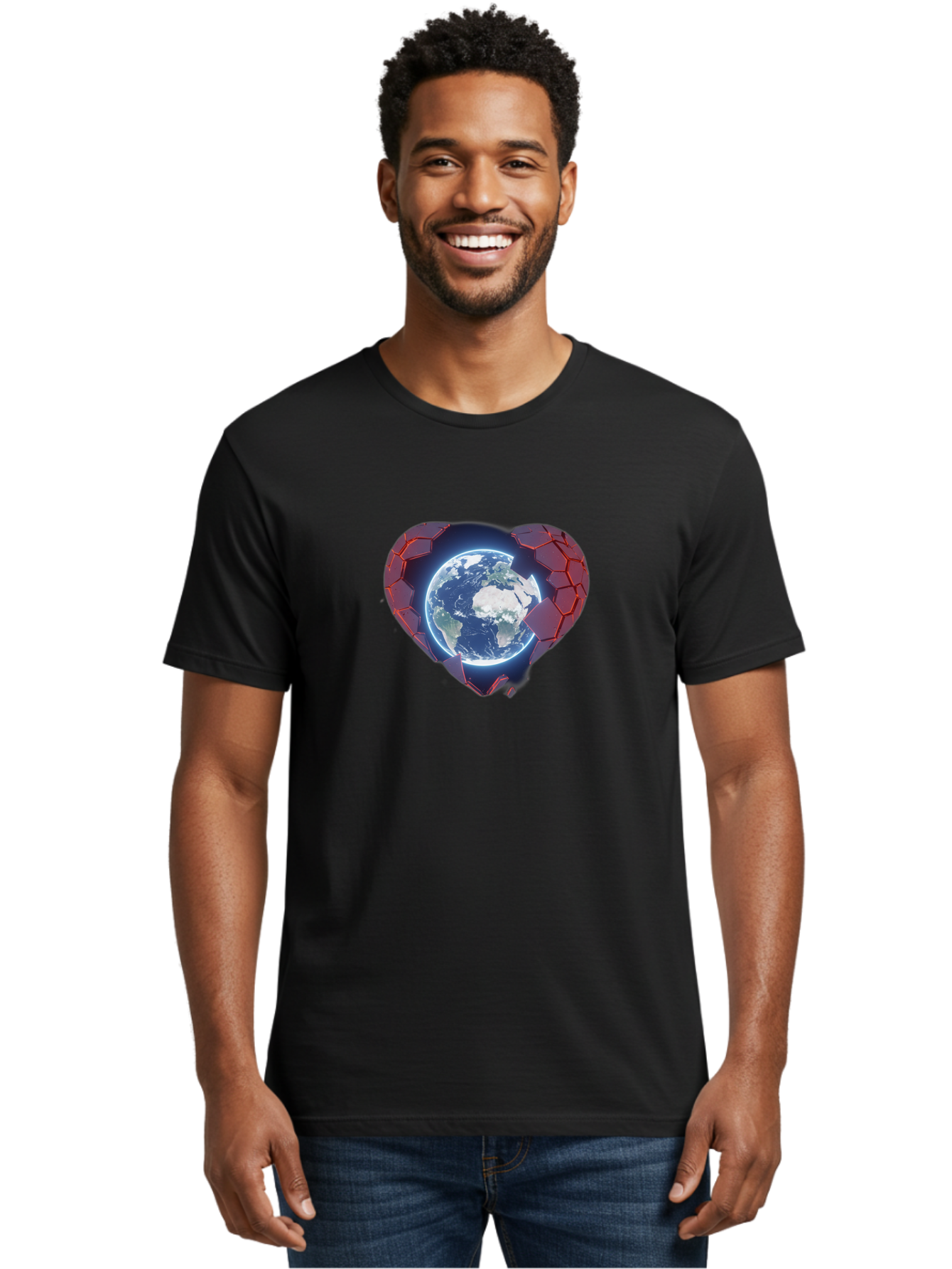 Earth-In-Heart-3 Men'S Graphic Tee, 100% Cotton, Comfortable Casual Summer Wear, Machine Washable, Globe In Heart Shape, Love For The Planet, Global Unity, Earth Protection, World Harmony, Futuristic Design, Heart-Shaped Armor, Baa583