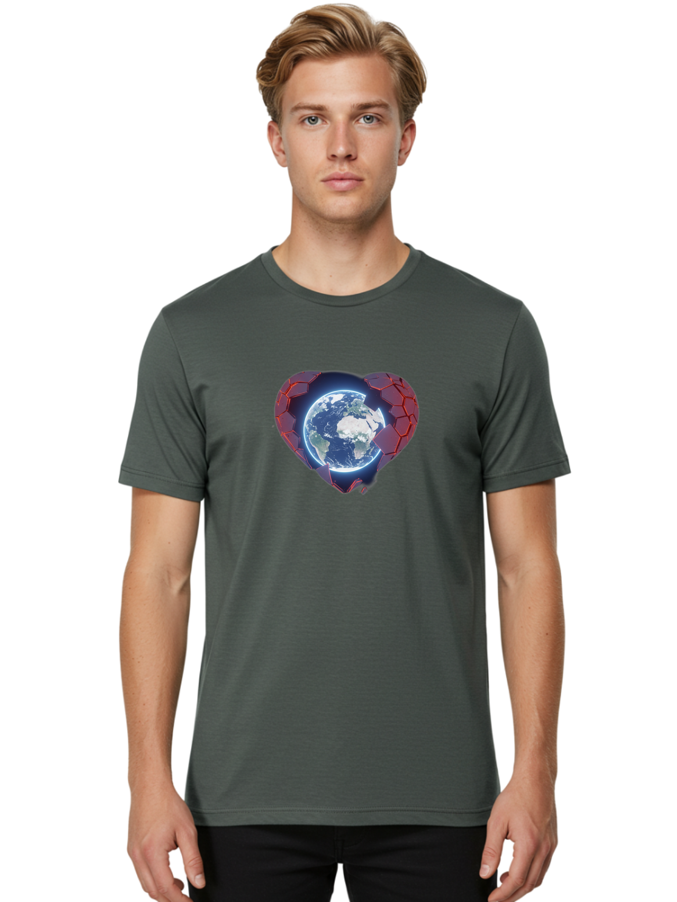 Earth-In-Heart-3 Men'S Graphic Tee, 100% Cotton, Comfortable Casual Summer Wear, Machine Washable, Globe In Heart Shape, Love For The Planet, Global Unity, Earth Protection, World Harmony, Futuristic Design, Heart-Shaped Armor, Baa583