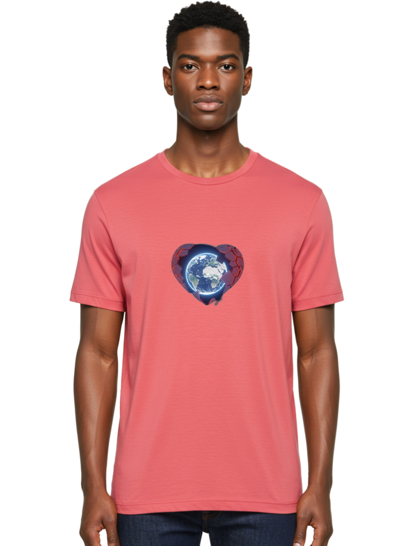 Earth-In-Heart-3 Men'S Graphic Tee, 100% Cotton, Comfortable Casual Summer Wear, Machine Washable, Globe In Heart Shape, Love For The Planet, Global Unity, Earth Protection, World Harmony, Futuristic Design, Heart-Shaped Armor, Baa583