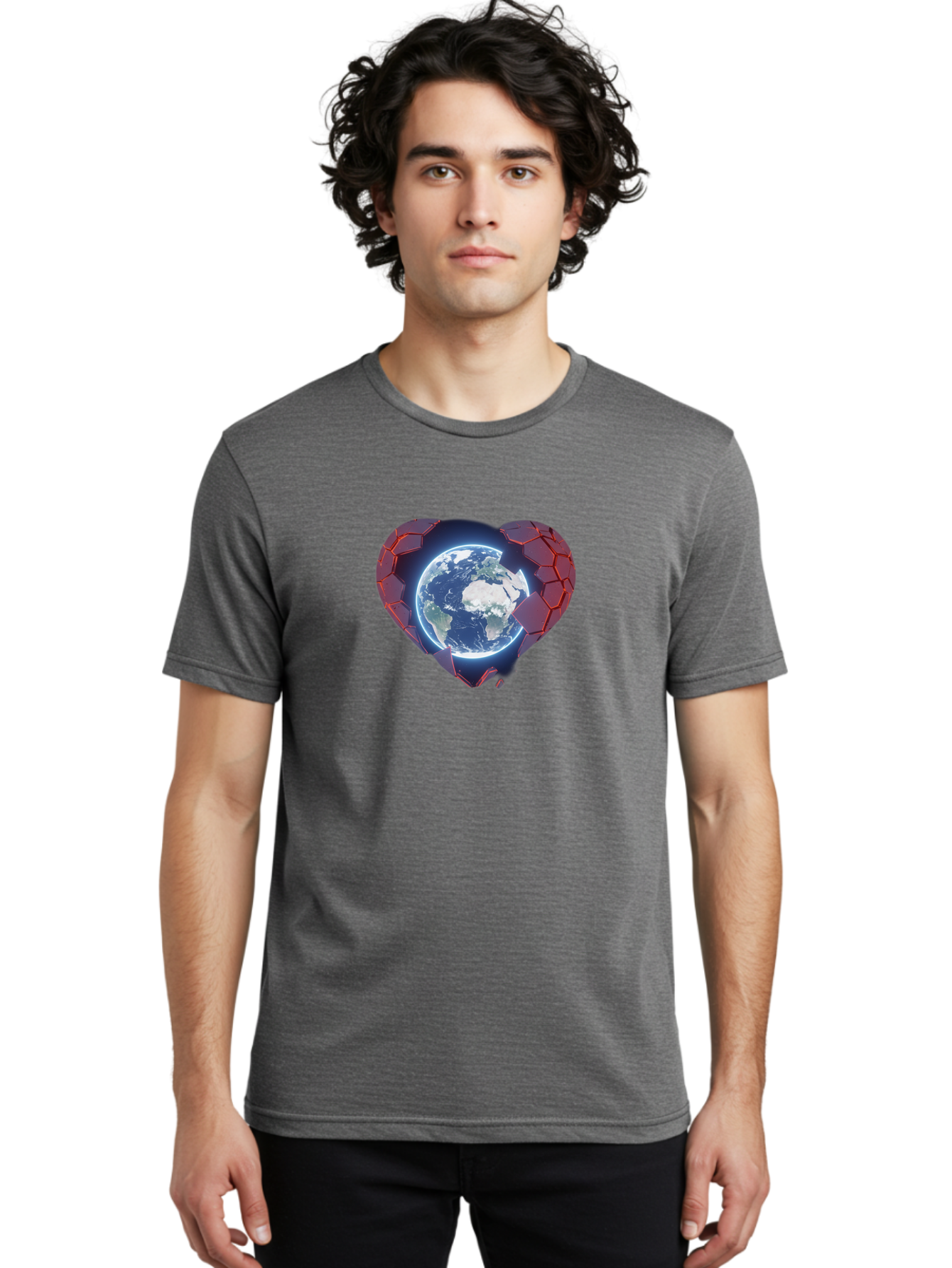 Earth-In-Heart-3 Men'S Graphic Tee, 100% Cotton, Comfortable Casual Summer Wear, Machine Washable, Globe In Heart Shape, Love For The Planet, Global Unity, Earth Protection, World Harmony, Futuristic Design, Heart-Shaped Armor, Baa583