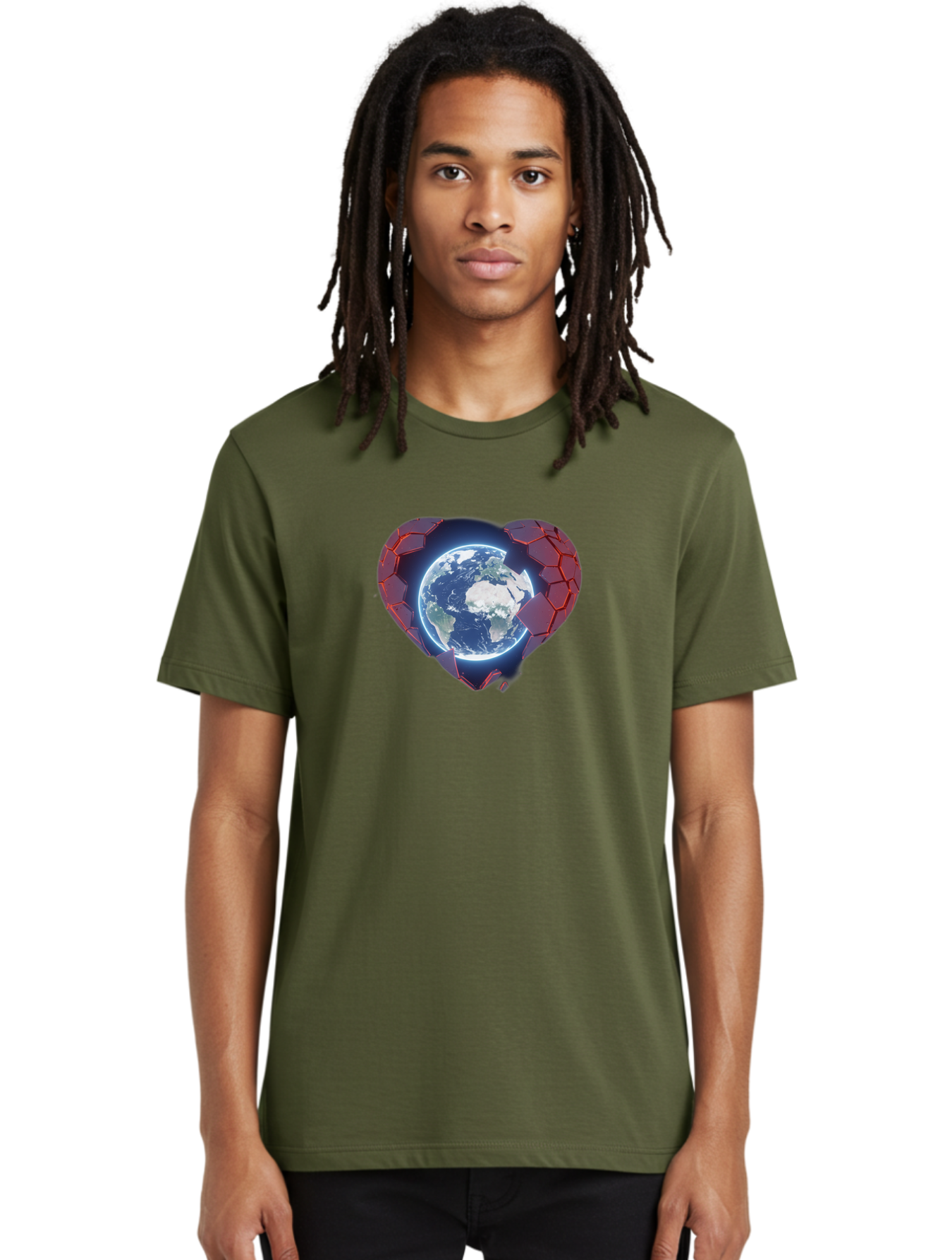 Earth-In-Heart-3 Men'S Graphic Tee, 100% Cotton, Comfortable Casual Summer Wear, Machine Washable, Globe In Heart Shape, Love For The Planet, Global Unity, Earth Protection, World Harmony, Futuristic Design, Heart-Shaped Armor, Baa583