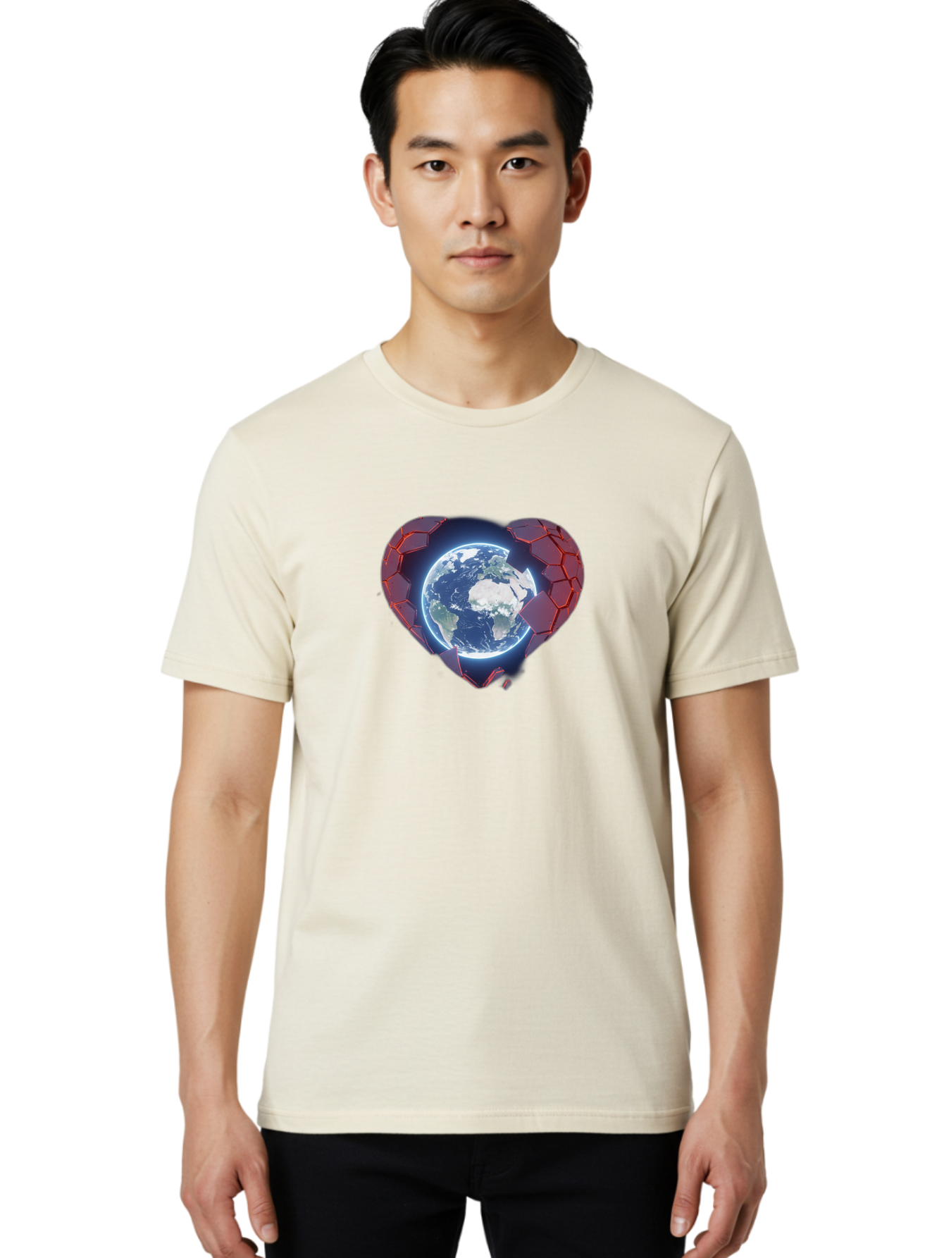 Earth-In-Heart-3 Men'S Graphic Tee, 100% Cotton, Comfortable Casual Summer Wear, Machine Washable, Globe In Heart Shape, Love For The Planet, Global Unity, Earth Protection, World Harmony, Futuristic Design, Heart-Shaped Armor, Baa583