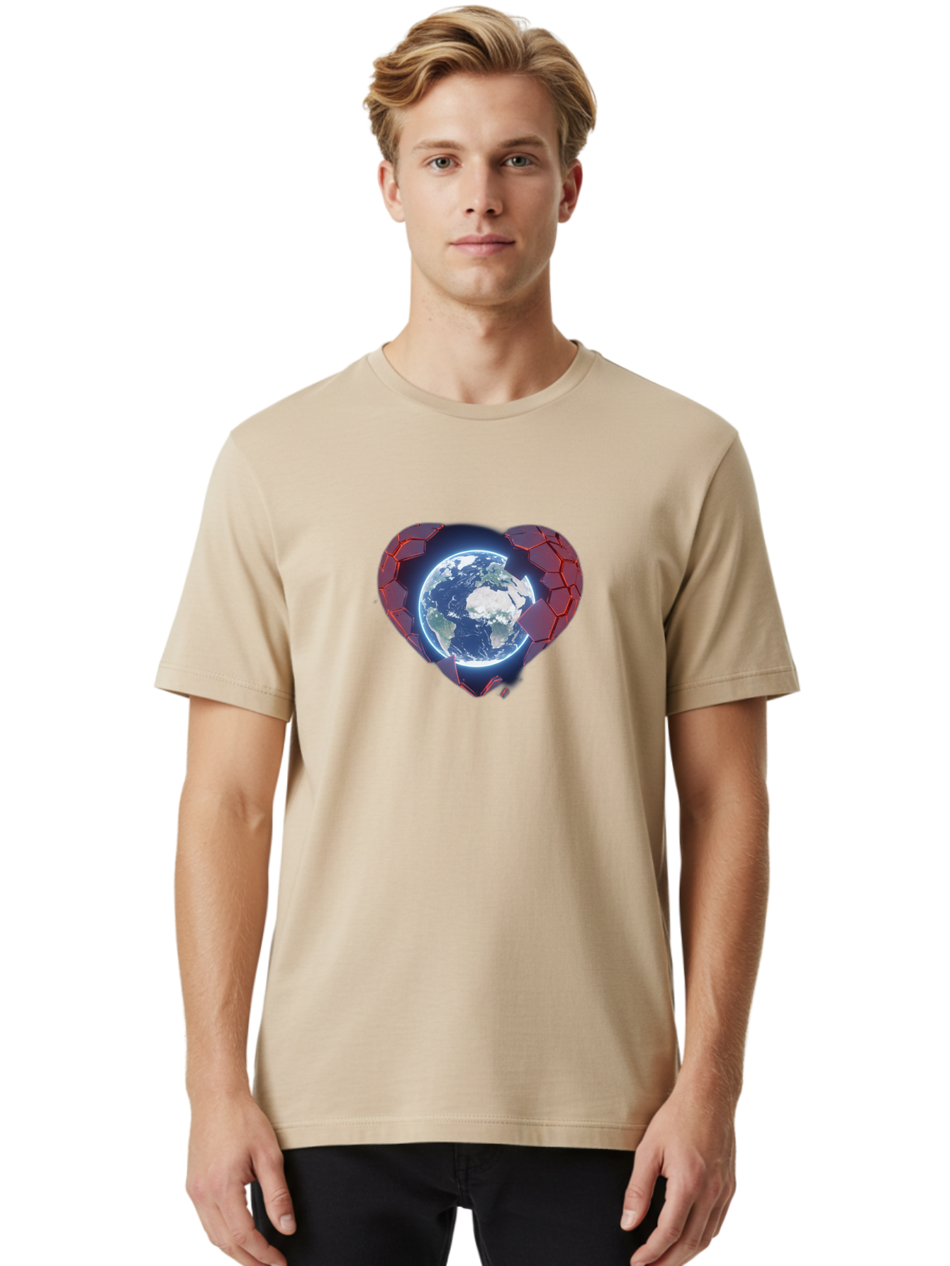 Earth-In-Heart-3 Men'S Graphic Tee, 100% Cotton, Comfortable Casual Summer Wear, Machine Washable, Globe In Heart Shape, Love For The Planet, Global Unity, Earth Protection, World Harmony, Futuristic Design, Heart-Shaped Armor, Baa583