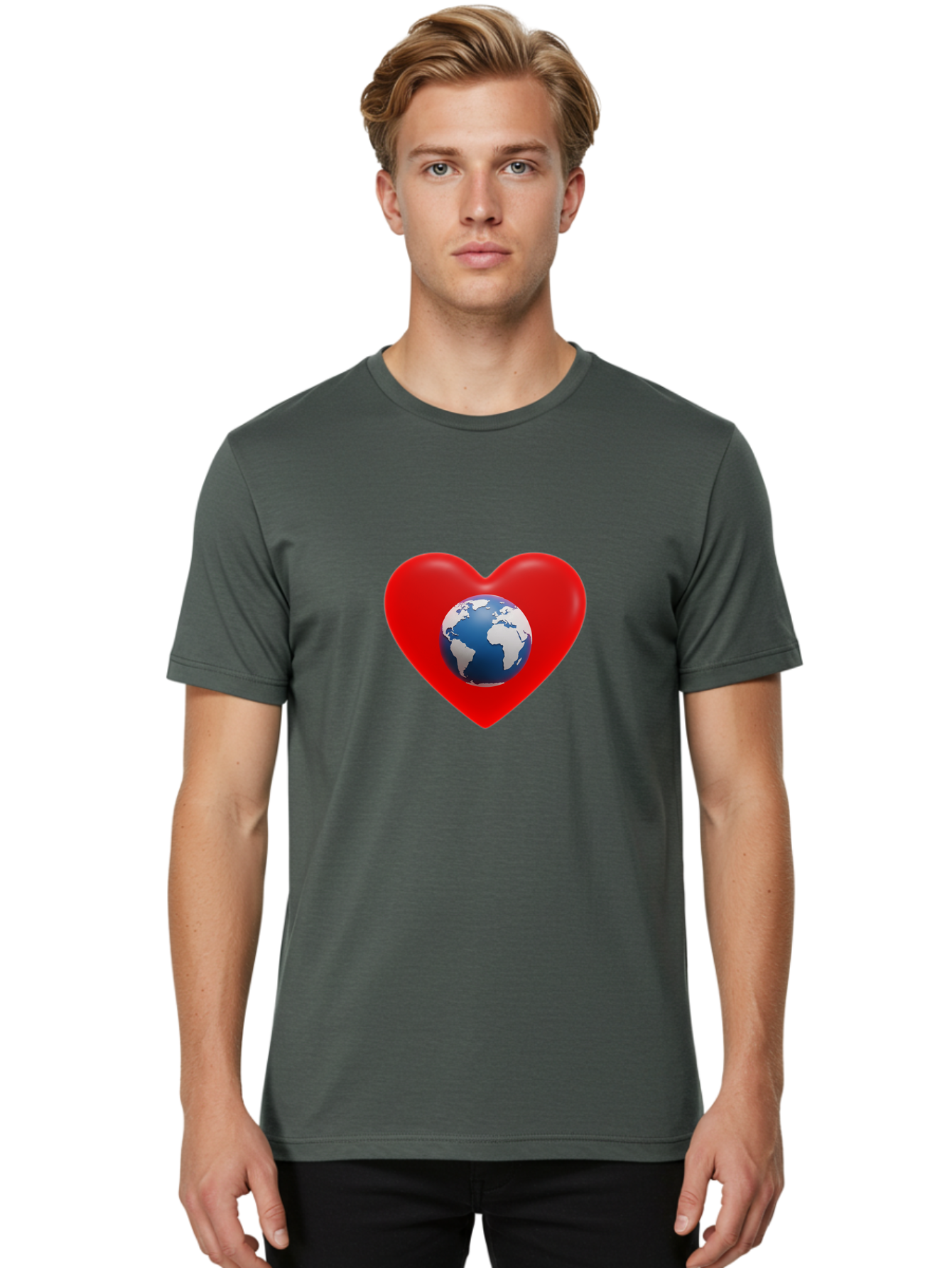 Earth-In-Heart Men'S Graphic Tee, 100% Cotton, Comfortable Casual Summer Wear, Machine Washable, Red Heart Shape, Earth Icon, Love Planet, Global Unity, Eco-Friendly Symbol, Heartwarming Imagery, World Love Baa584