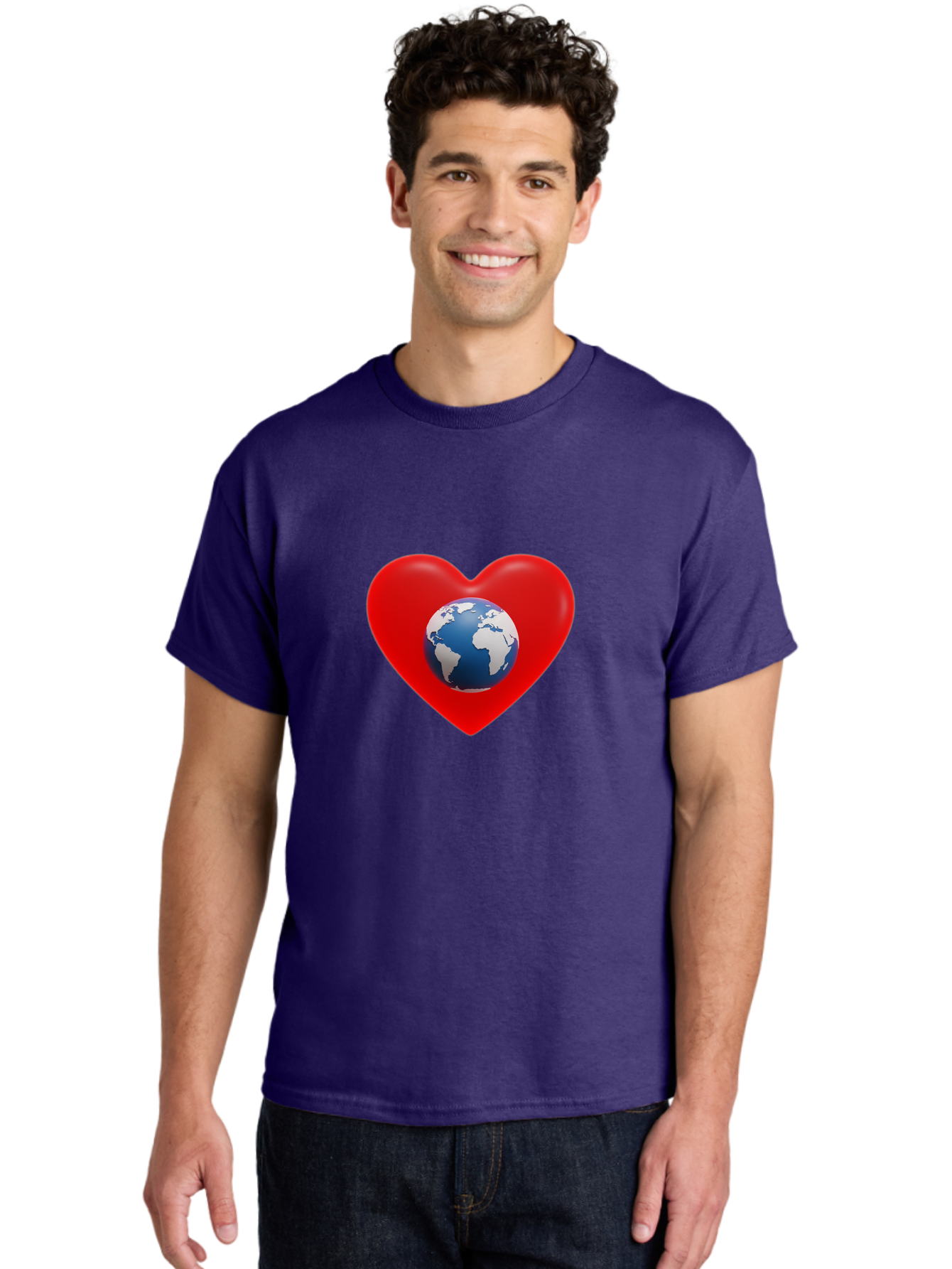Earth-In-Heart Men'S Graphic Tee, 100% Cotton, Comfortable Casual Summer Wear, Machine Washable, Red Heart Shape, Earth Icon, Love Planet, Global Unity, Eco-Friendly Symbol, Heartwarming Imagery, World Love Baa584