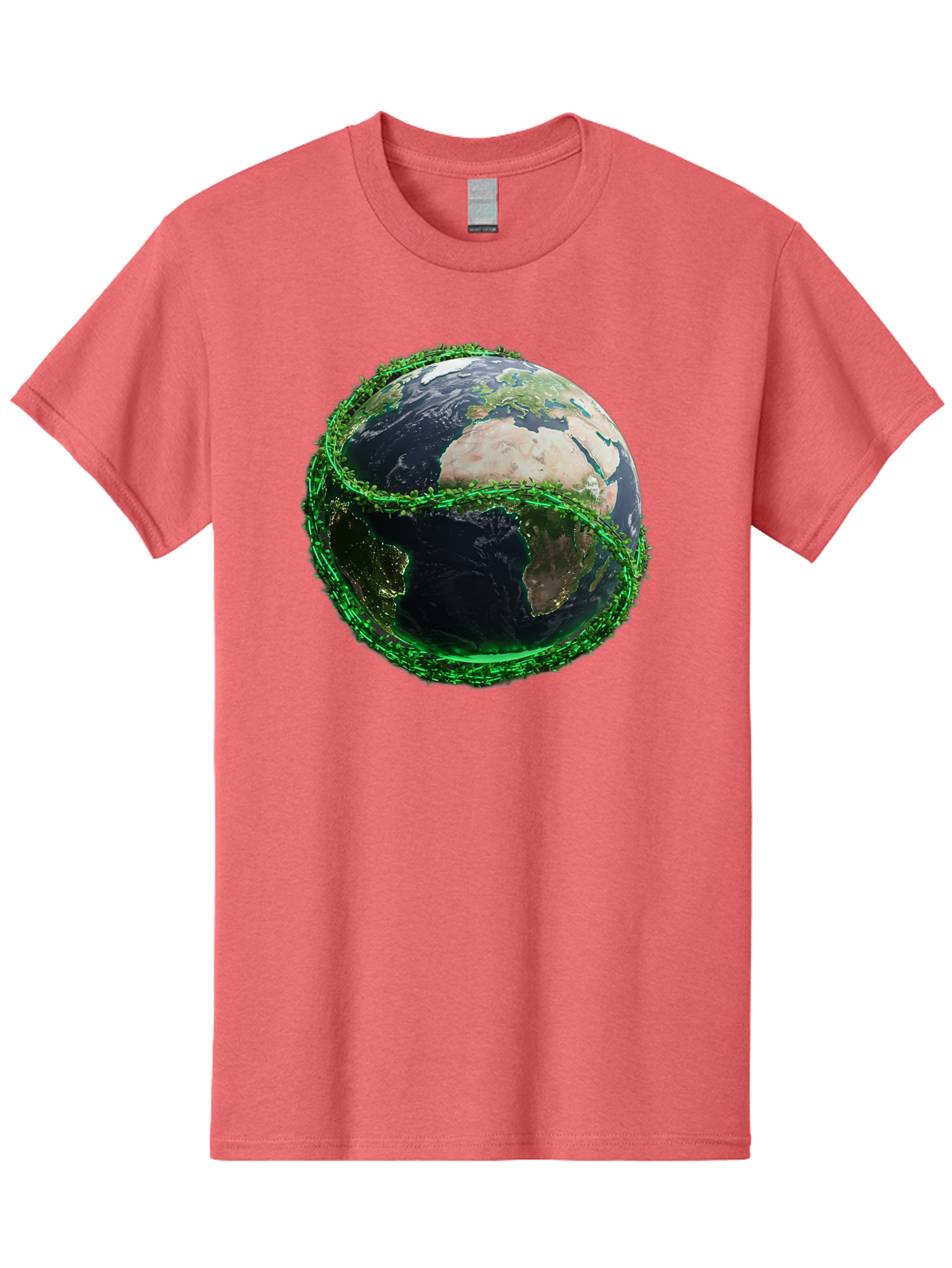 Earth-With-Circuitry Men'S Graphic Tee, 100% Cotton, Comfortable Casual Summer Wear, Machine Washable, Globe With Chain Link, International Security, Global Protection, Earth From Space, Chain Link Fence, Digital Representation, 3D Rendering, Baa586