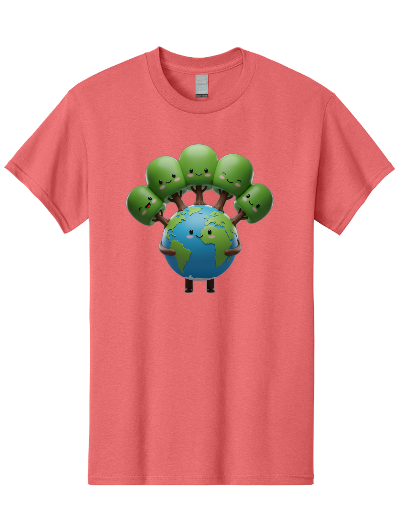 Earth-With-Smiling-Faces Men'S Graphic Tee, 100% Cotton, Comfortable Casual Summer Wear, Machine Washable, Cartoon Earth, Smiling Globe, Green Tentacles, Friendly World, Environmental Awareness, Cute Illustration, Eco-Friendly, Happy Planet, Baa591
