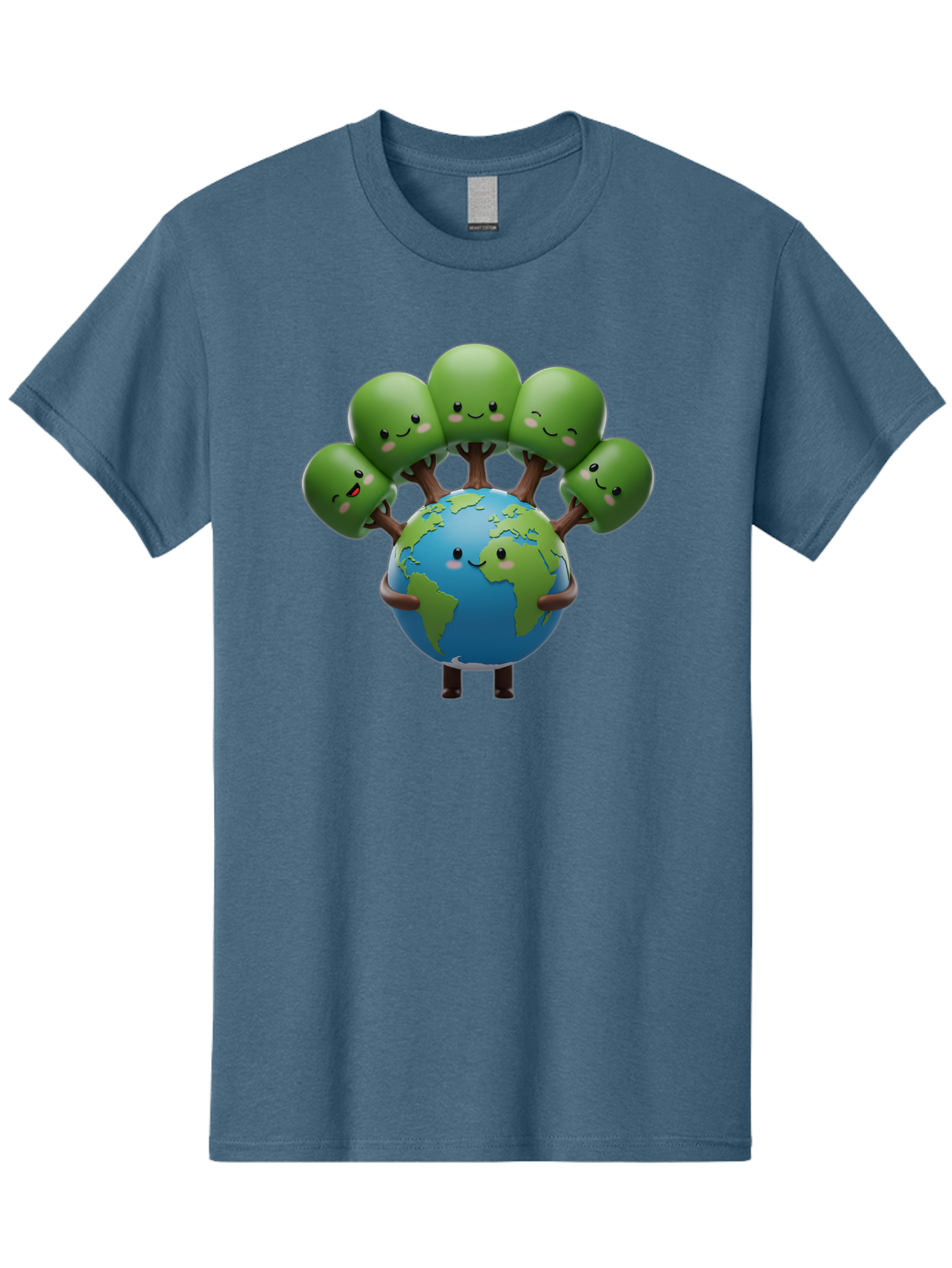 Earth-With-Smiling-Faces Men'S Graphic Tee, 100% Cotton, Comfortable Casual Summer Wear, Machine Washable, Cartoon Earth, Smiling Globe, Green Tentacles, Friendly World, Environmental Awareness, Cute Illustration, Eco-Friendly, Happy Planet, Baa591