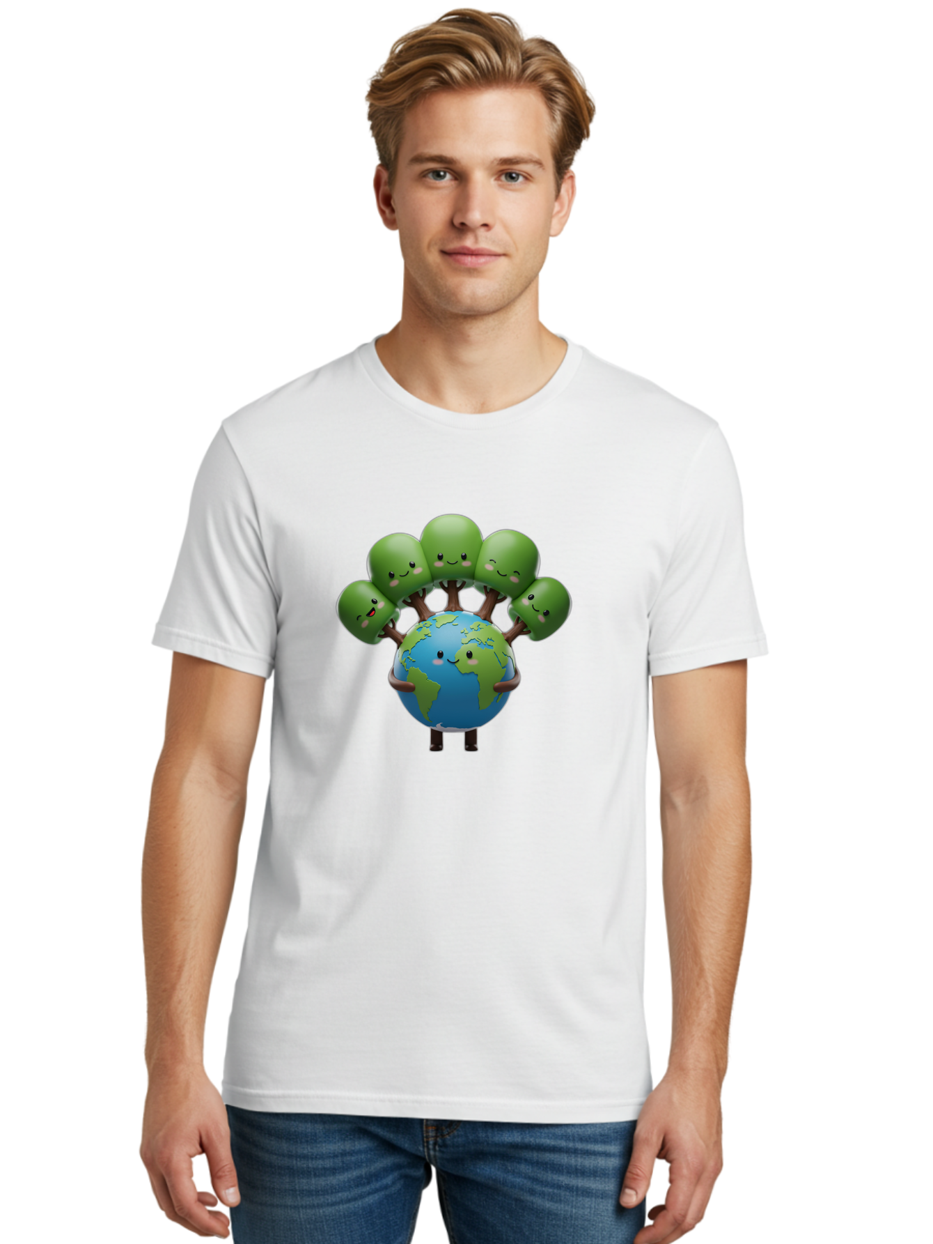 Earth-With-Smiling-Faces Men'S Graphic Tee, 100% Cotton, Comfortable Casual Summer Wear, Machine Washable, Cartoon Earth, Smiling Globe, Green Tentacles, Friendly World, Environmental Awareness, Cute Illustration, Eco-Friendly, Happy Planet, Baa591