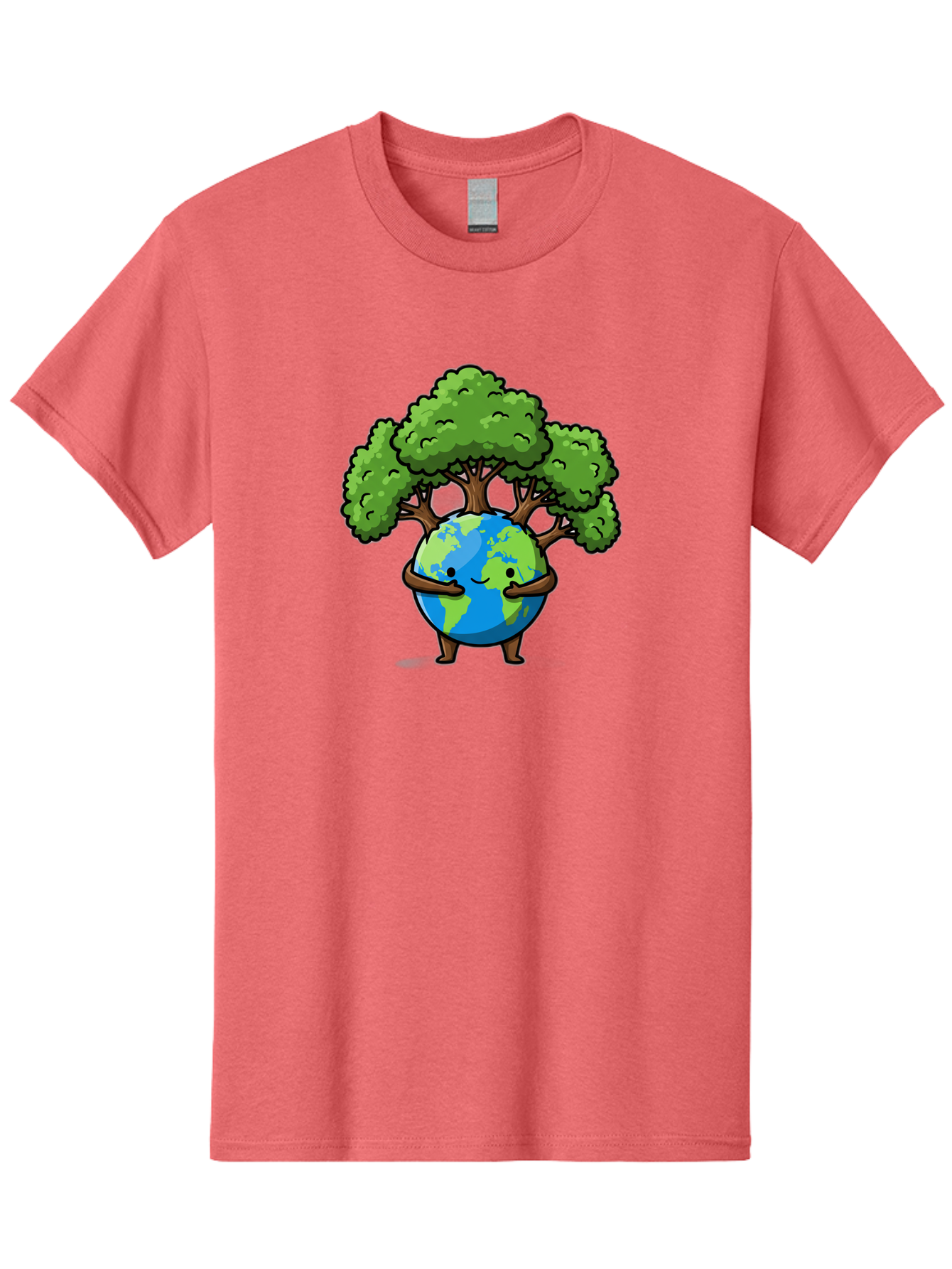 Earth-With-Tree Men'S Graphic Tee, 100% Cotton, Comfortable Casual Summer Wear, Machine Washable, Cartoon Globe, Smiling Earth, Tree On Earth, Environmental Protection, Eco Friendly, Conservation, Sustainability, Green Earth, Eco Awareness Baa592