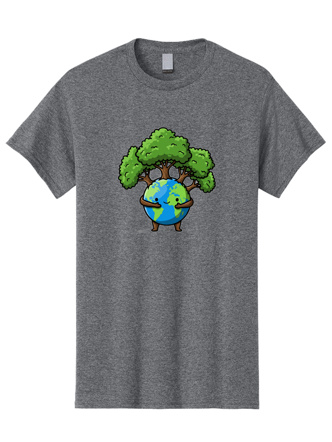 Earth-With-Tree Men'S Graphic Tee, 100% Cotton, Comfortable Casual Summer Wear, Machine Washable, Cartoon Globe, Smiling Earth, Tree On Earth, Environmental Protection, Eco Friendly, Conservation, Sustainability, Green Earth, Eco Awareness Baa592