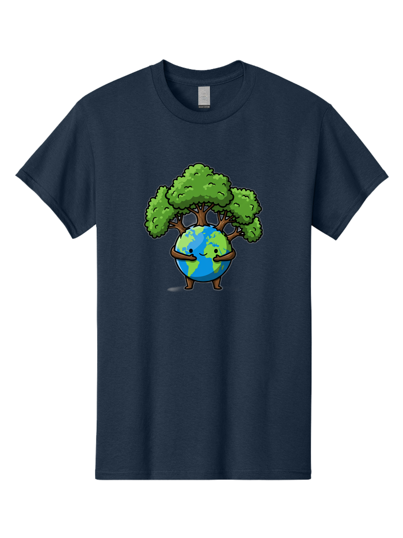 Earth-With-Tree Men'S Graphic Tee, 100% Cotton, Comfortable Casual Summer Wear, Machine Washable, Cartoon Globe, Smiling Earth, Tree On Earth, Environmental Protection, Eco Friendly, Conservation, Sustainability, Green Earth, Eco Awareness Baa592