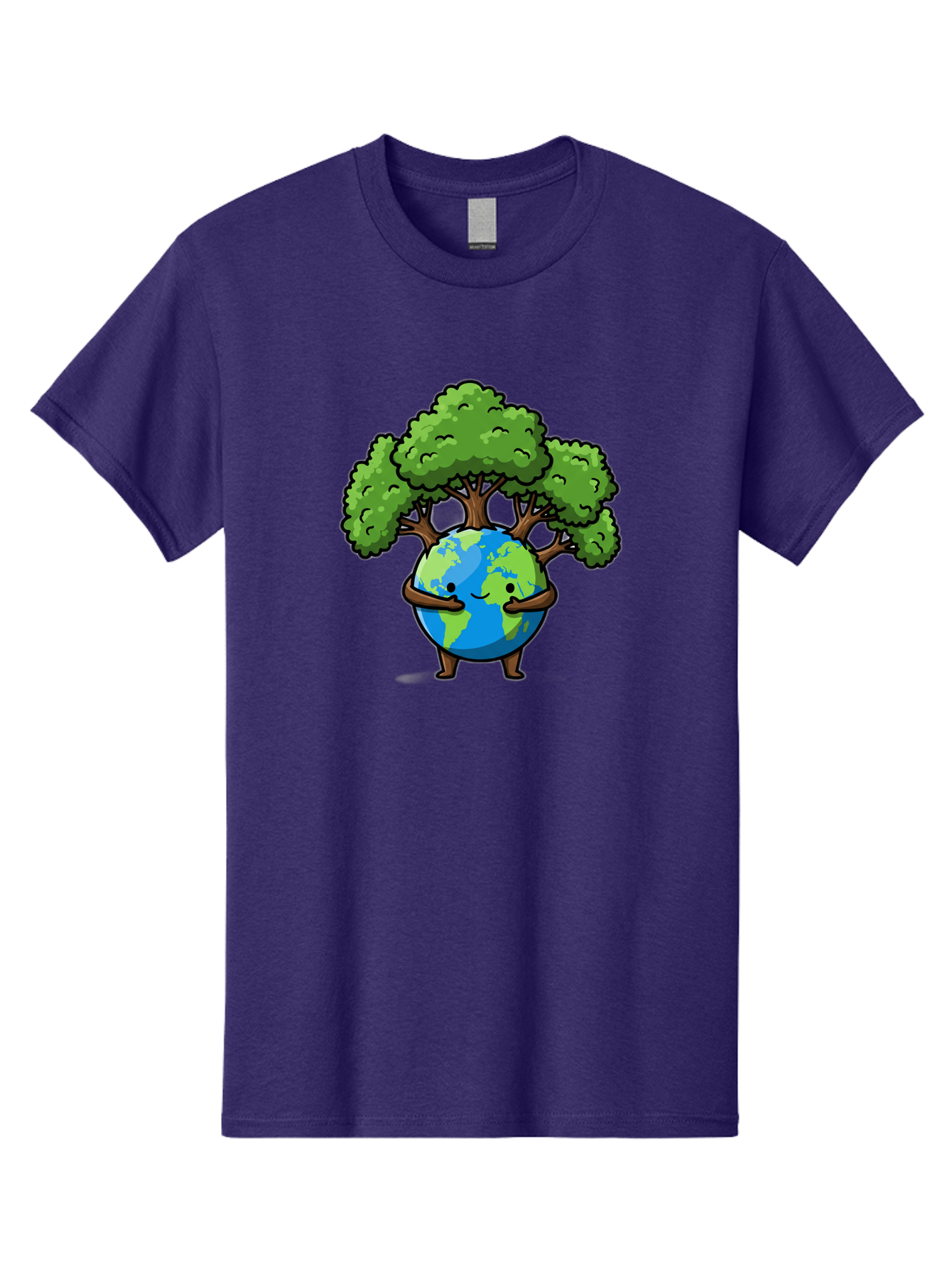 Earth-With-Tree Men'S Graphic Tee, 100% Cotton, Comfortable Casual Summer Wear, Machine Washable, Cartoon Globe, Smiling Earth, Tree On Earth, Environmental Protection, Eco Friendly, Conservation, Sustainability, Green Earth, Eco Awareness Baa592