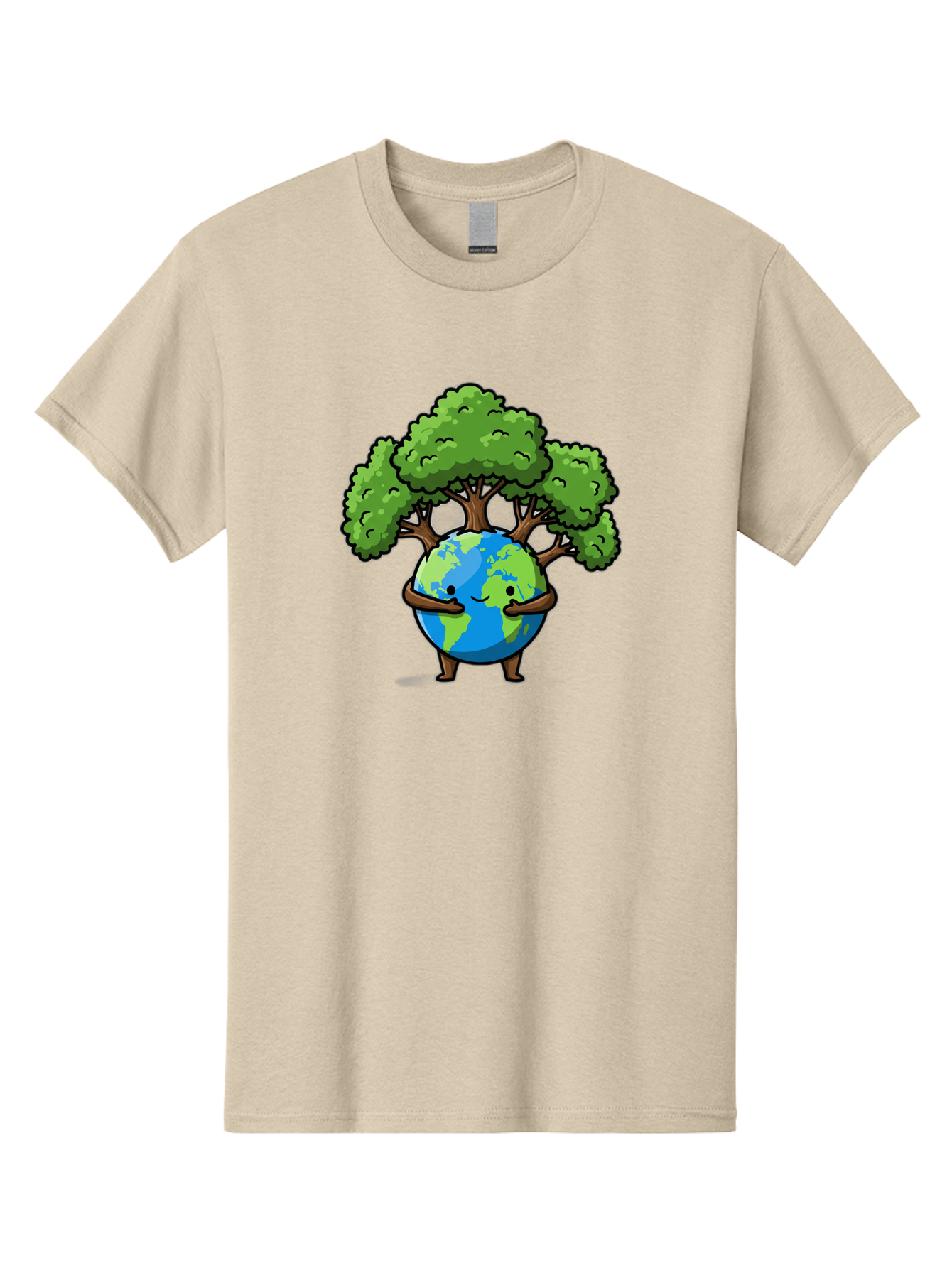 Earth-With-Tree Men'S Graphic Tee, 100% Cotton, Comfortable Casual Summer Wear, Machine Washable, Cartoon Globe, Smiling Earth, Tree On Earth, Environmental Protection, Eco Friendly, Conservation, Sustainability, Green Earth, Eco Awareness Baa592
