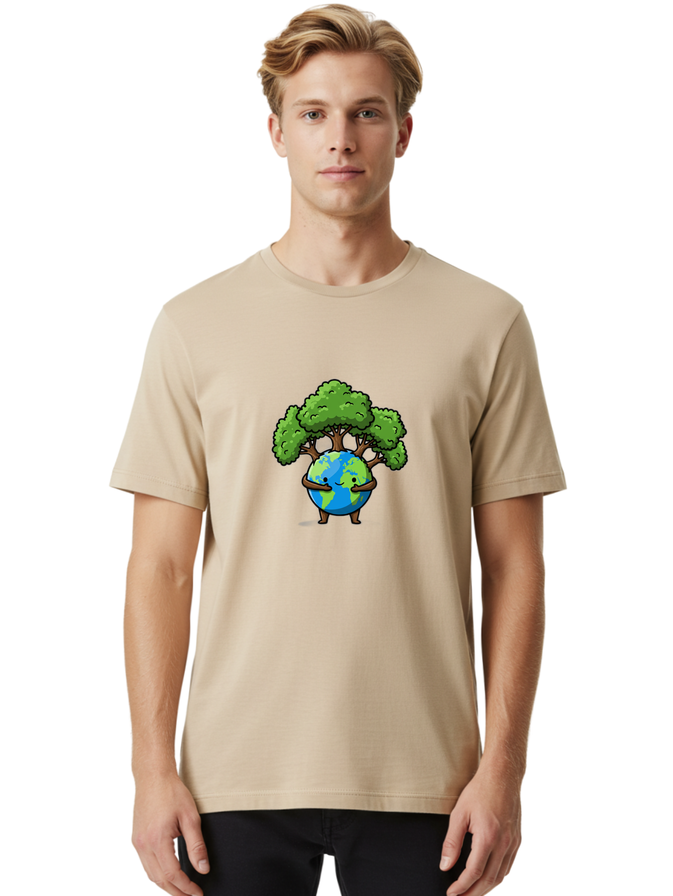 Earth-With-Tree Men'S Graphic Tee, 100% Cotton, Comfortable Casual Summer Wear, Machine Washable, Cartoon Globe, Smiling Earth, Tree On Earth, Environmental Protection, Eco Friendly, Conservation, Sustainability, Green Earth, Eco Awareness Baa592