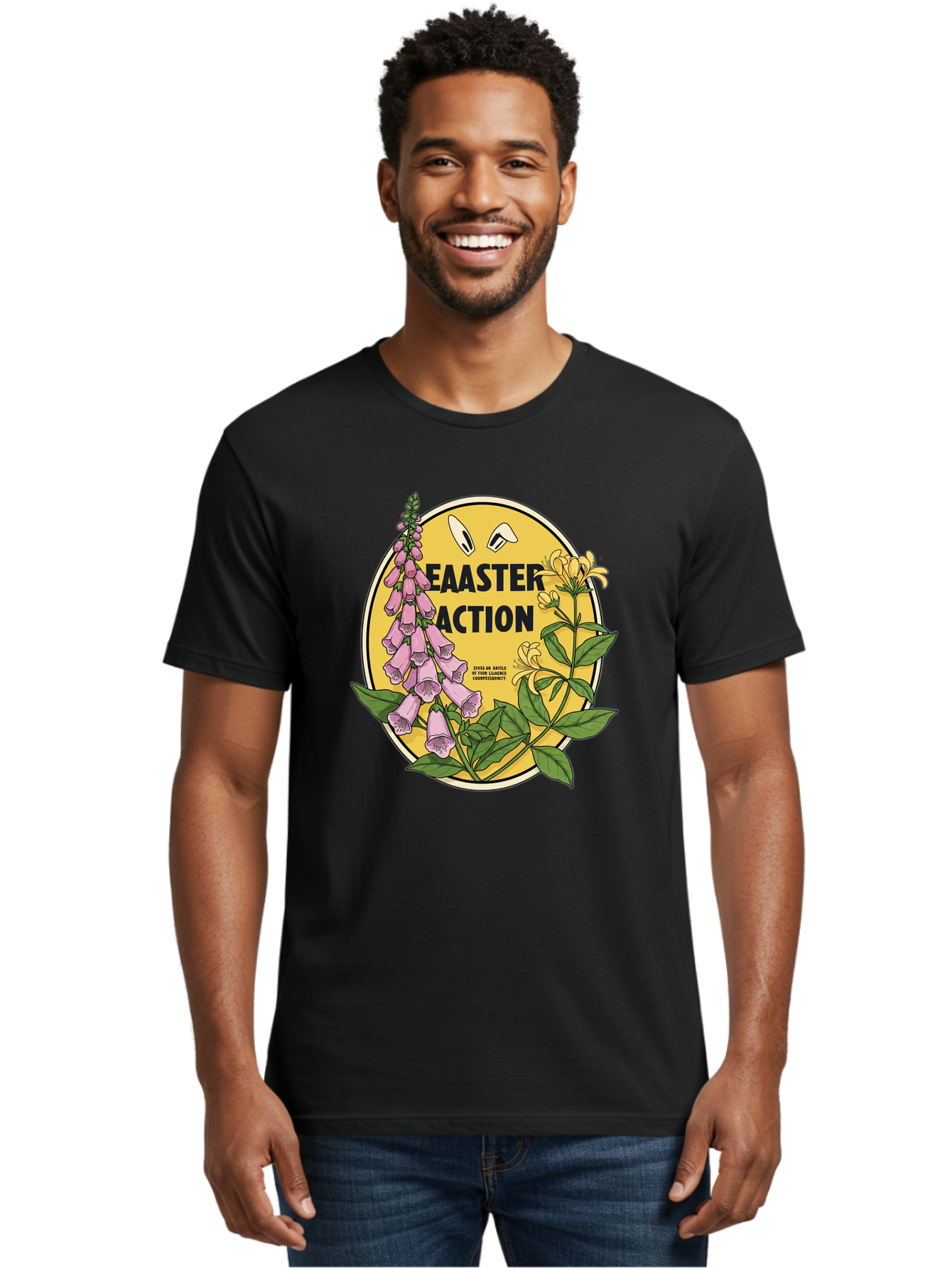 Easter-Action Men'S Graphic Tee, 100% Cotton, Comfortable Casual Summer Wear, Machine Washable, Easter Action Graphic, Easter Eggs, Digital Illustration, Foxglove Flowers, Spring Flowers, Pastel Colors, Botanical Art, Floral Design, Baa595