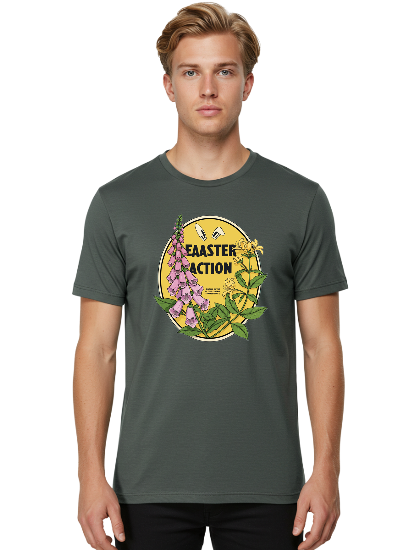 Easter-Action Men'S Graphic Tee, 100% Cotton, Comfortable Casual Summer Wear, Machine Washable, Easter Action Graphic, Easter Eggs, Digital Illustration, Foxglove Flowers, Spring Flowers, Pastel Colors, Botanical Art, Floral Design, Baa595