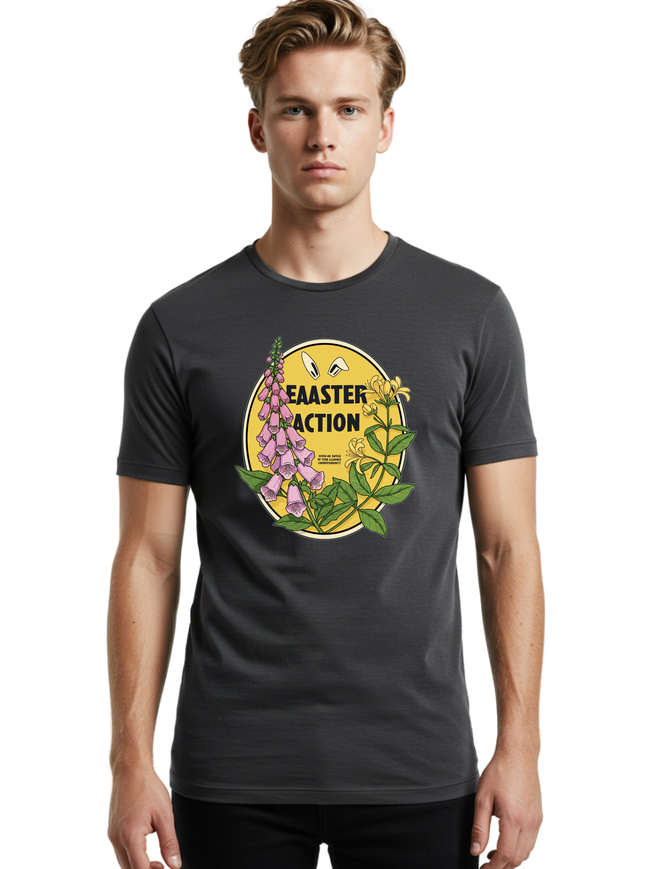 Easter-Action Men'S Graphic Tee, 100% Cotton, Comfortable Casual Summer Wear, Machine Washable, Easter Action Graphic, Easter Eggs, Digital Illustration, Foxglove Flowers, Spring Flowers, Pastel Colors, Botanical Art, Floral Design, Baa595