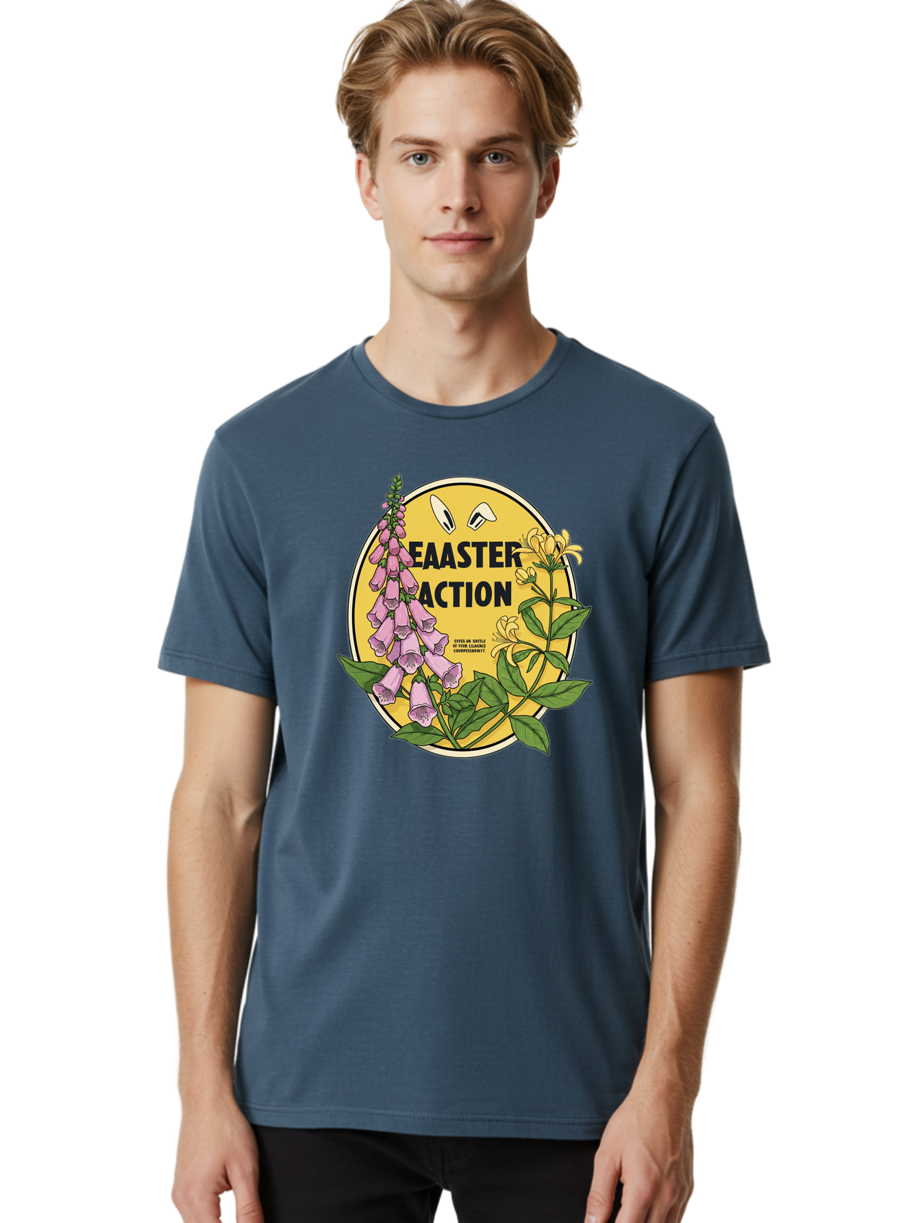 Easter-Action Men'S Graphic Tee, 100% Cotton, Comfortable Casual Summer Wear, Machine Washable, Easter Action Graphic, Easter Eggs, Digital Illustration, Foxglove Flowers, Spring Flowers, Pastel Colors, Botanical Art, Floral Design, Baa595