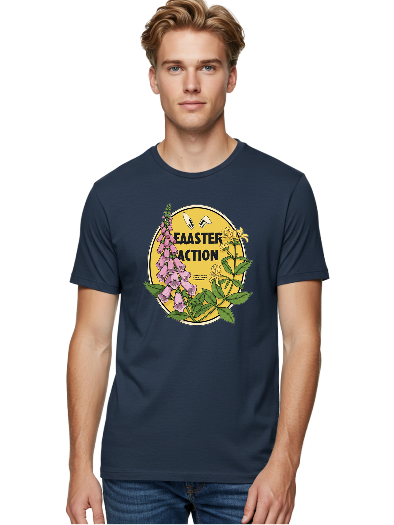 Easter-Action Men'S Graphic Tee, 100% Cotton, Comfortable Casual Summer Wear, Machine Washable, Easter Action Graphic, Easter Eggs, Digital Illustration, Foxglove Flowers, Spring Flowers, Pastel Colors, Botanical Art, Floral Design, Baa595