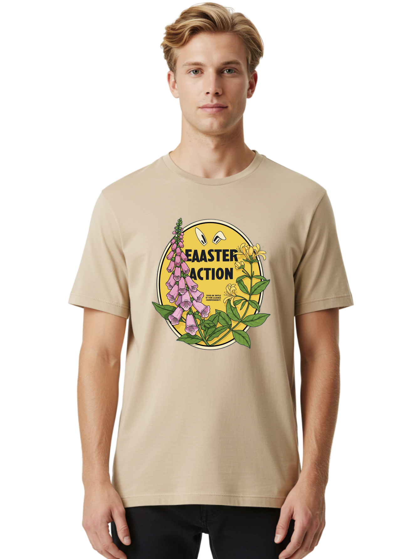 Easter-Action Men'S Graphic Tee, 100% Cotton, Comfortable Casual Summer Wear, Machine Washable, Easter Action Graphic, Easter Eggs, Digital Illustration, Foxglove Flowers, Spring Flowers, Pastel Colors, Botanical Art, Floral Design, Baa595