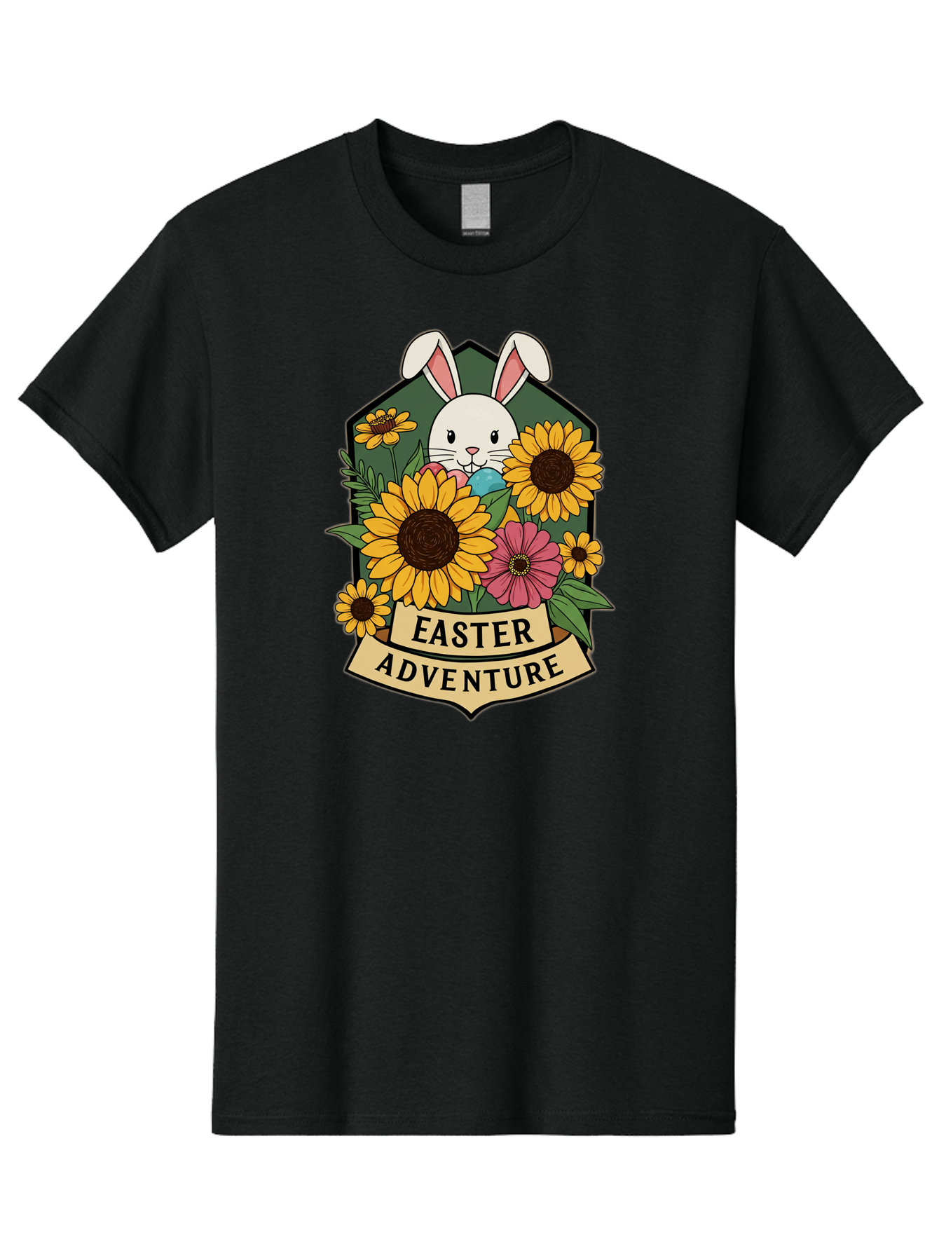 Easter-Adventure Men'S Graphic Tee, 100% Cotton, Comfortable Casual Summer Wear, Machine Washable, Easter Bunny, Sunflowers, Daisies, Floral Arrangement, Spring Flowers, Easter Eggs, Cute Cartoon Bunny, Easter Theme, Festive Design Baa596