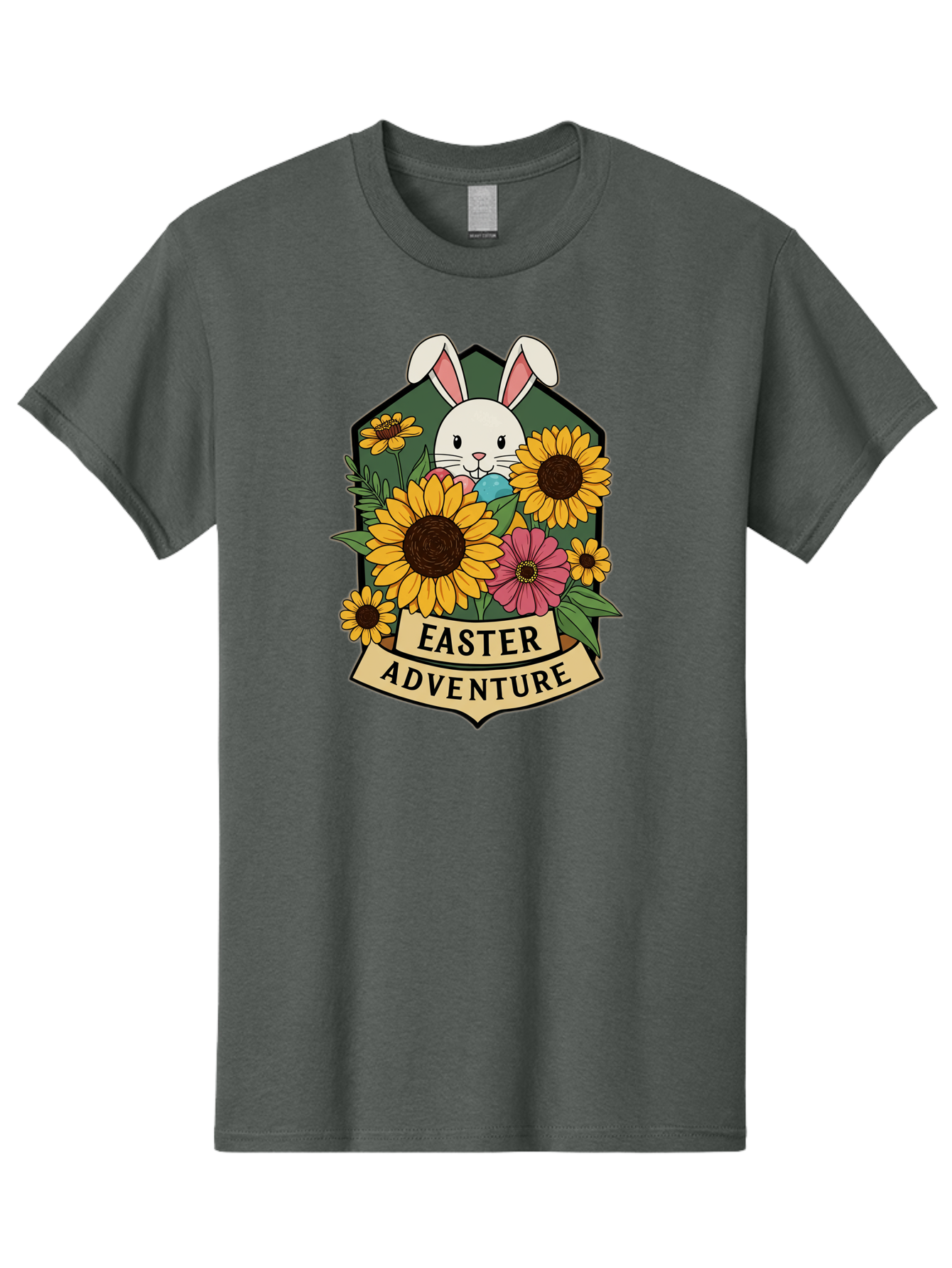 Easter-Adventure Men'S Graphic Tee, 100% Cotton, Comfortable Casual Summer Wear, Machine Washable, Easter Bunny, Sunflowers, Daisies, Floral Arrangement, Spring Flowers, Easter Eggs, Cute Cartoon Bunny, Easter Theme, Festive Design Baa596