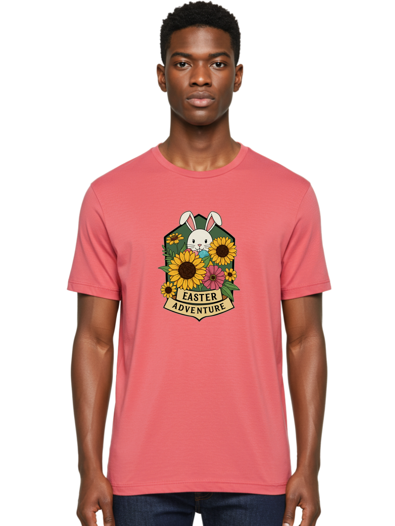 Easter-Adventure Men'S Graphic Tee, 100% Cotton, Comfortable Casual Summer Wear, Machine Washable, Easter Bunny, Sunflowers, Daisies, Floral Arrangement, Spring Flowers, Easter Eggs, Cute Cartoon Bunny, Easter Theme, Festive Design Baa596