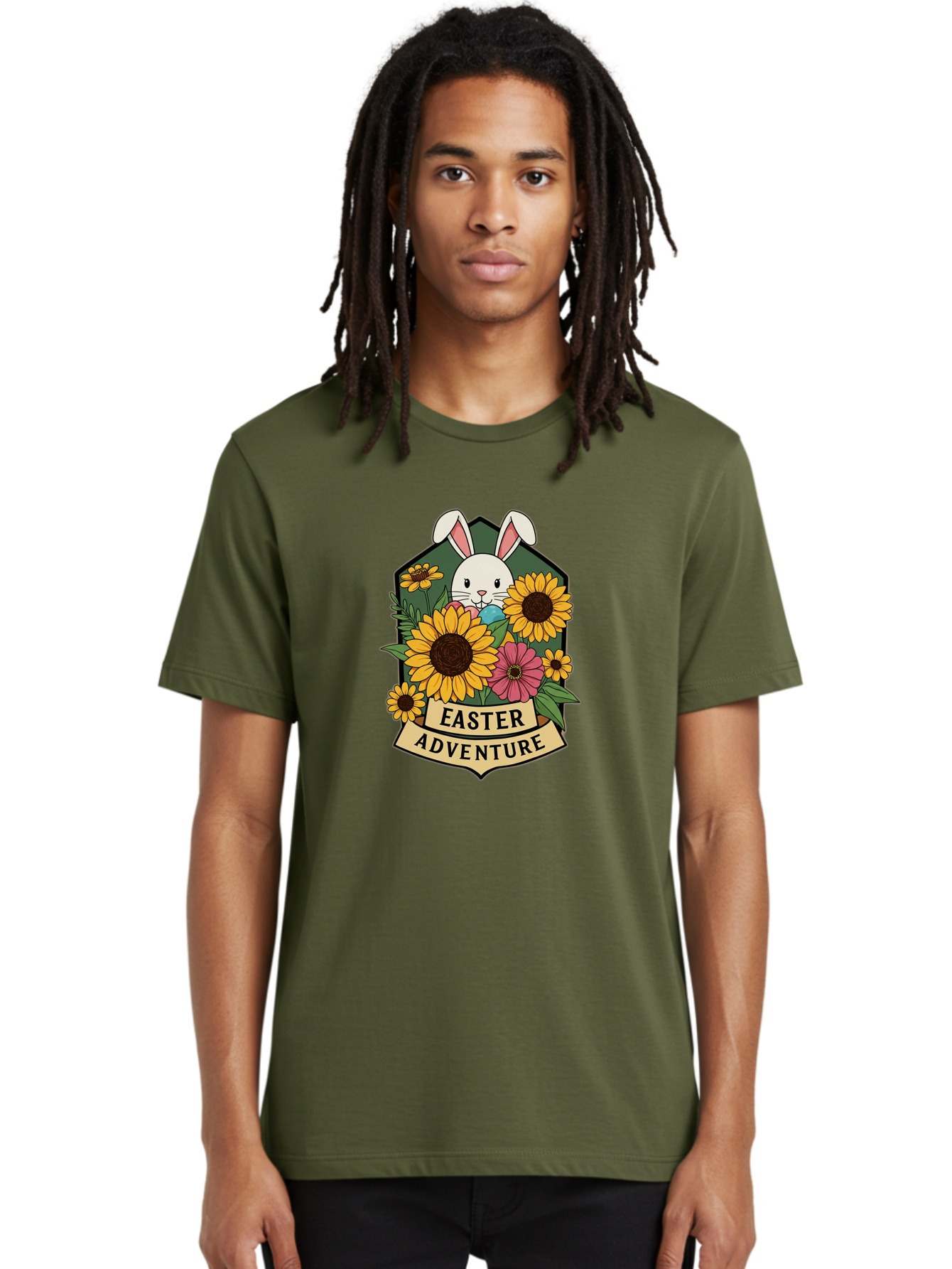 Easter-Adventure Men'S Graphic Tee, 100% Cotton, Comfortable Casual Summer Wear, Machine Washable, Easter Bunny, Sunflowers, Daisies, Floral Arrangement, Spring Flowers, Easter Eggs, Cute Cartoon Bunny, Easter Theme, Festive Design Baa596