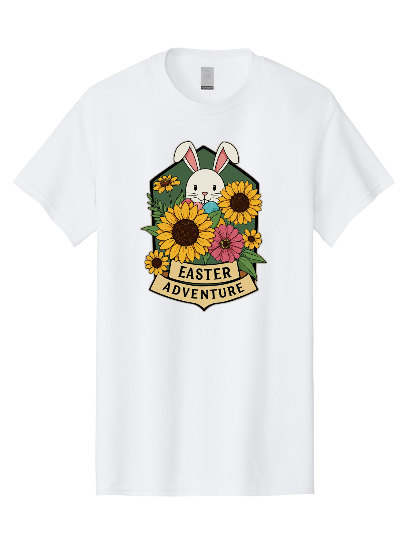 Easter-Adventure Men'S Graphic Tee, 100% Cotton, Comfortable Casual Summer Wear, Machine Washable, Easter Bunny, Sunflowers, Daisies, Floral Arrangement, Spring Flowers, Easter Eggs, Cute Cartoon Bunny, Easter Theme, Festive Design Baa596
