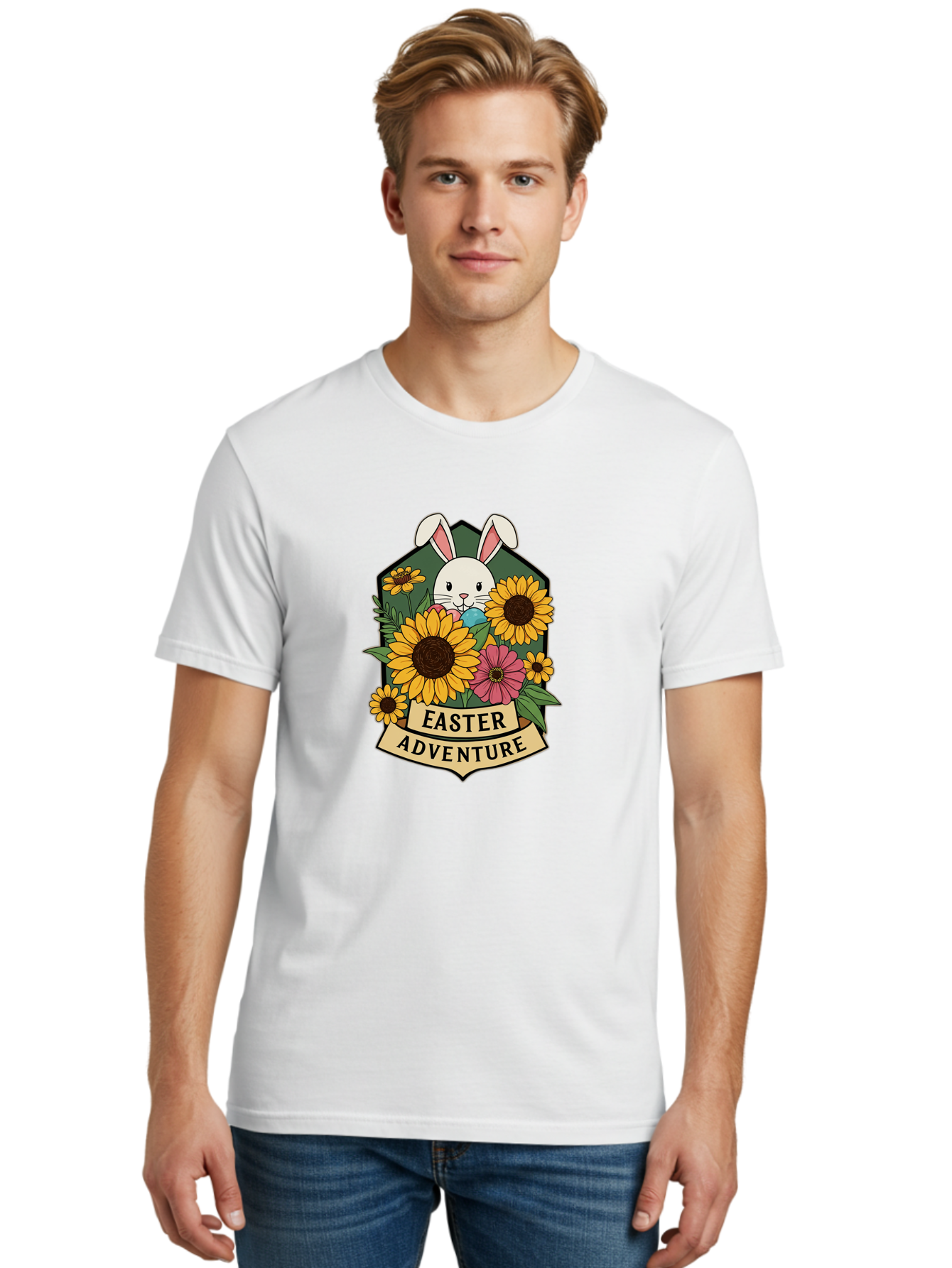Easter-Adventure Men'S Graphic Tee, 100% Cotton, Comfortable Casual Summer Wear, Machine Washable, Easter Bunny, Sunflowers, Daisies, Floral Arrangement, Spring Flowers, Easter Eggs, Cute Cartoon Bunny, Easter Theme, Festive Design Baa596