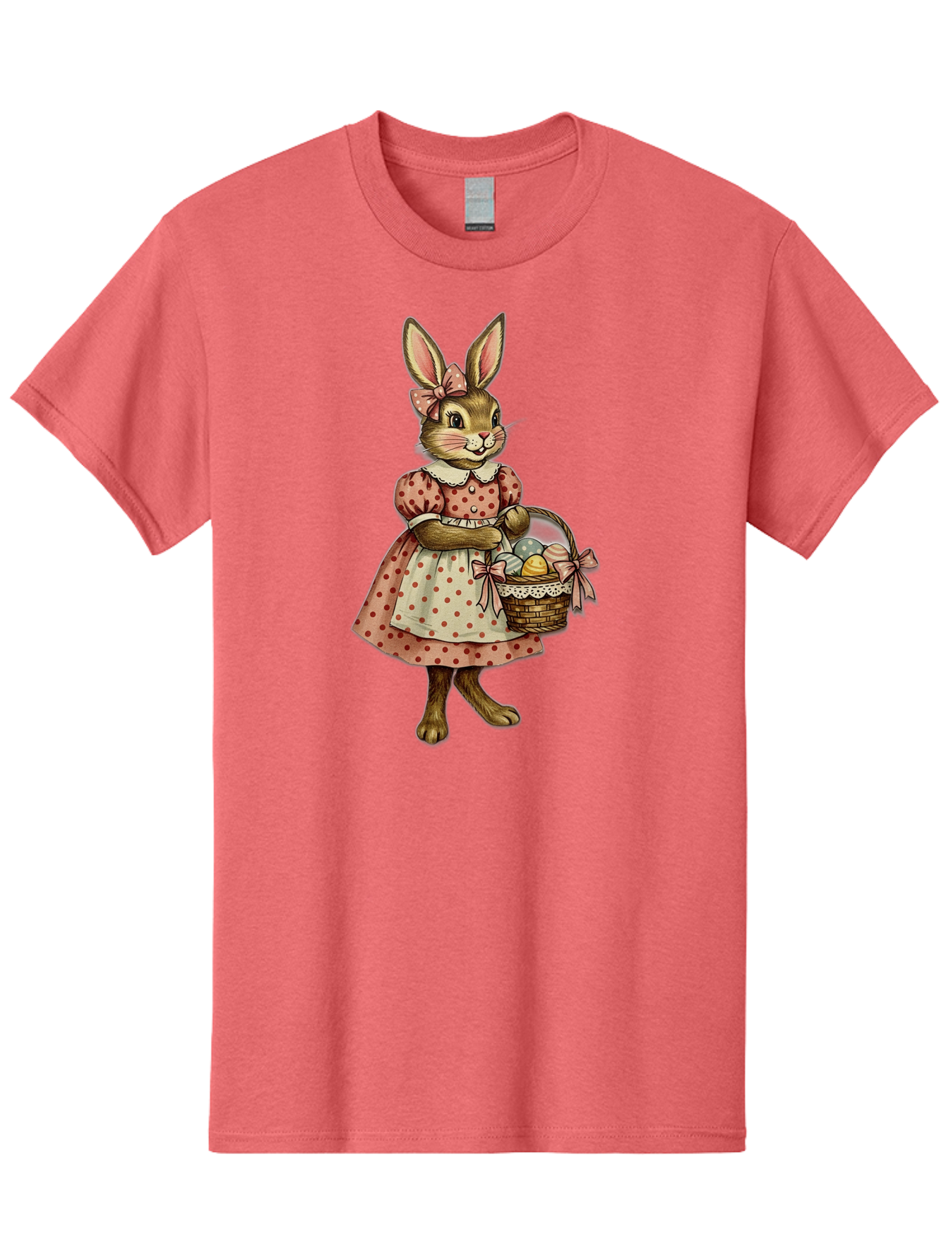 Easter-Bunny Men'S Graphic Tee, 100% Cotton, Comfortable Casual Summer Wear, Machine Washable, Anthropomorphic Rabbit, Easter Eggs, Polka Dot Dress, Wicker Basket, Pastel Colors, Spring Season, Easter Celebration, Vintage Style, Baa599