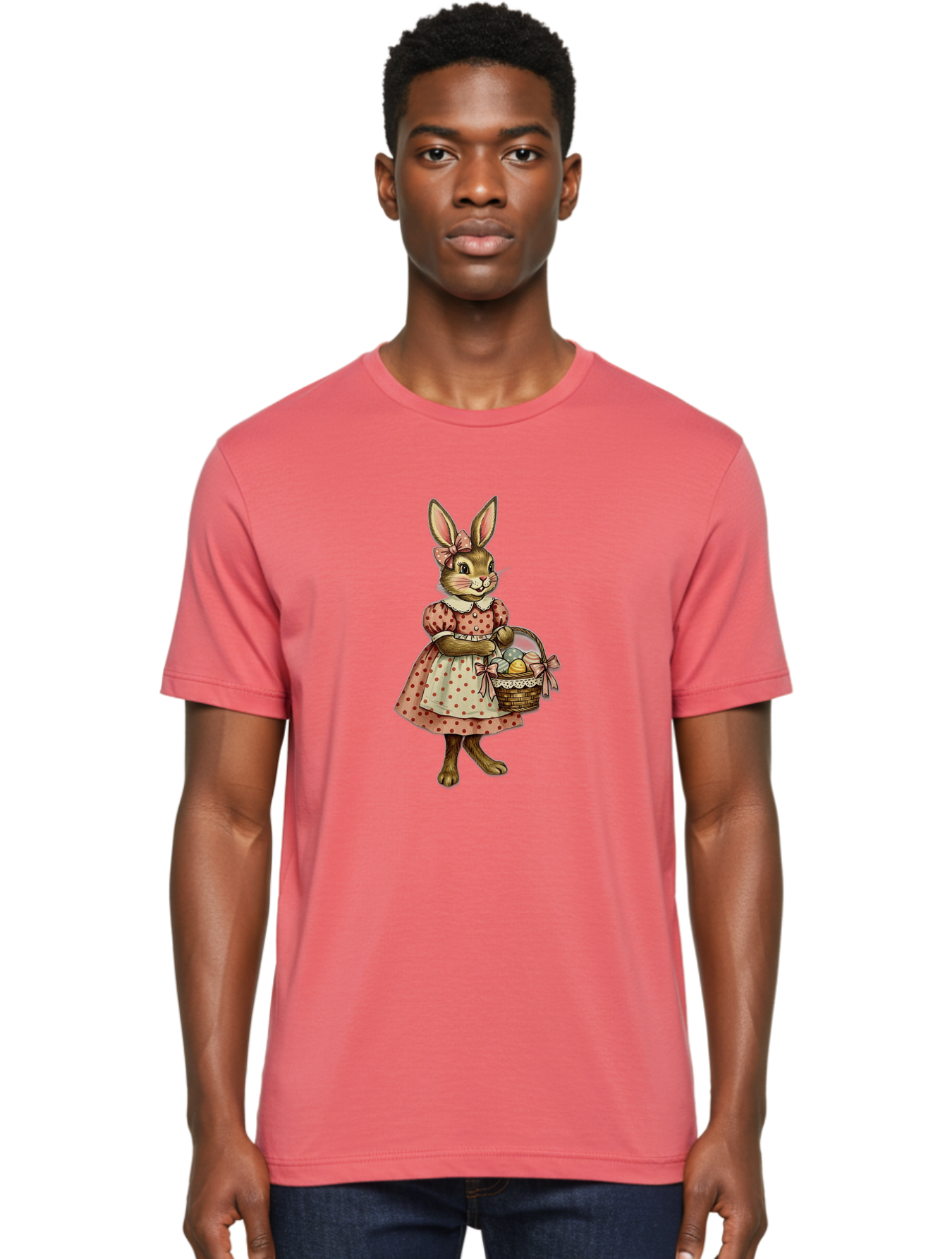 Easter-Bunny Men'S Graphic Tee, 100% Cotton, Comfortable Casual Summer Wear, Machine Washable, Anthropomorphic Rabbit, Easter Eggs, Polka Dot Dress, Wicker Basket, Pastel Colors, Spring Season, Easter Celebration, Vintage Style, Baa599
