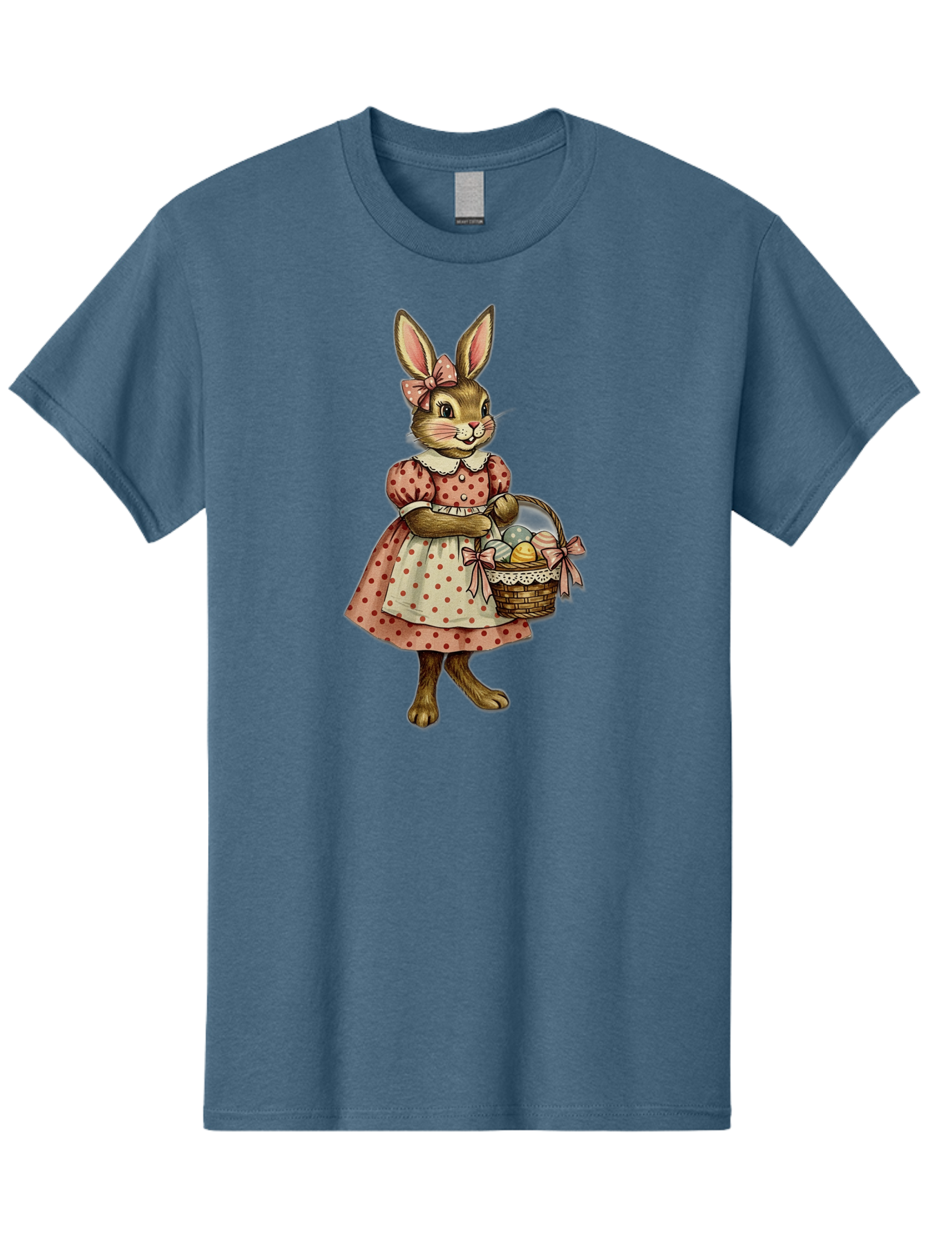 Easter-Bunny Men'S Graphic Tee, 100% Cotton, Comfortable Casual Summer Wear, Machine Washable, Anthropomorphic Rabbit, Easter Eggs, Polka Dot Dress, Wicker Basket, Pastel Colors, Spring Season, Easter Celebration, Vintage Style, Baa599