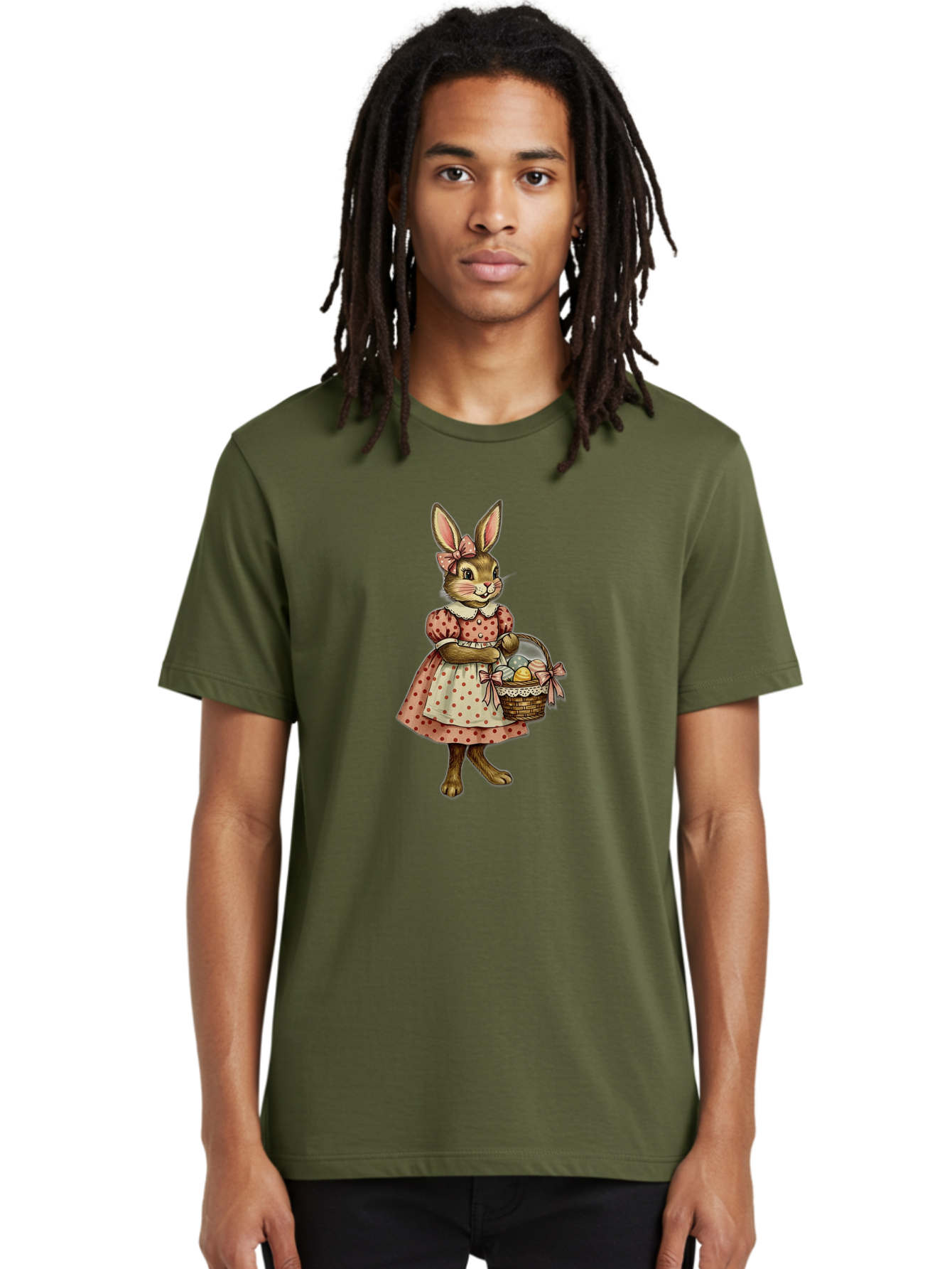 Easter-Bunny Men'S Graphic Tee, 100% Cotton, Comfortable Casual Summer Wear, Machine Washable, Anthropomorphic Rabbit, Easter Eggs, Polka Dot Dress, Wicker Basket, Pastel Colors, Spring Season, Easter Celebration, Vintage Style, Baa599