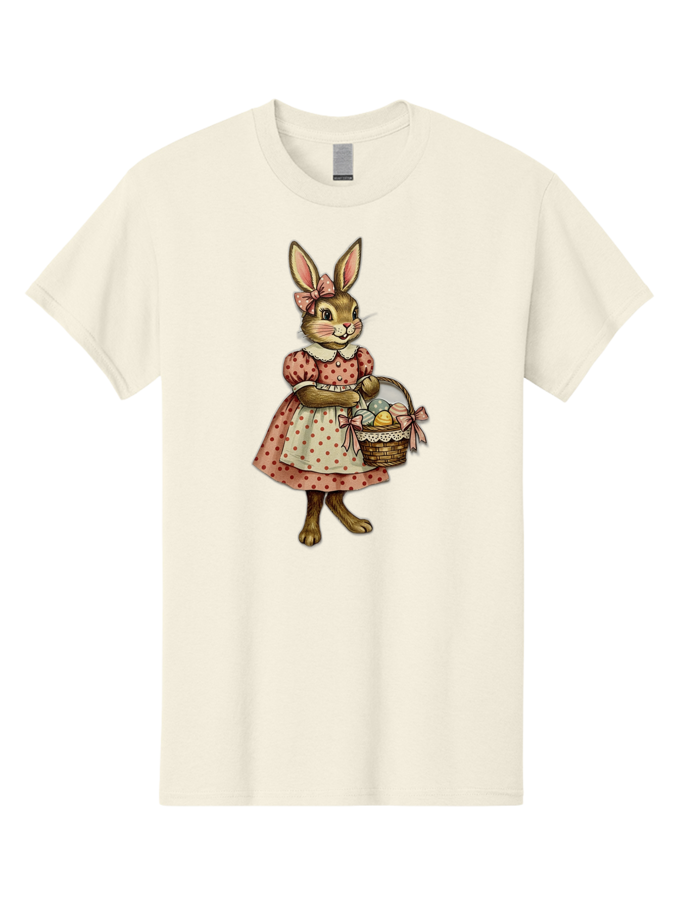 Easter-Bunny Men'S Graphic Tee, 100% Cotton, Comfortable Casual Summer Wear, Machine Washable, Anthropomorphic Rabbit, Easter Eggs, Polka Dot Dress, Wicker Basket, Pastel Colors, Spring Season, Easter Celebration, Vintage Style, Baa599