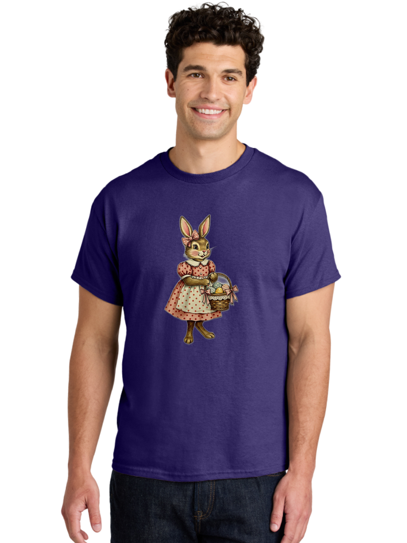 Easter-Bunny Men'S Graphic Tee, 100% Cotton, Comfortable Casual Summer Wear, Machine Washable, Anthropomorphic Rabbit, Easter Eggs, Polka Dot Dress, Wicker Basket, Pastel Colors, Spring Season, Easter Celebration, Vintage Style, Baa599