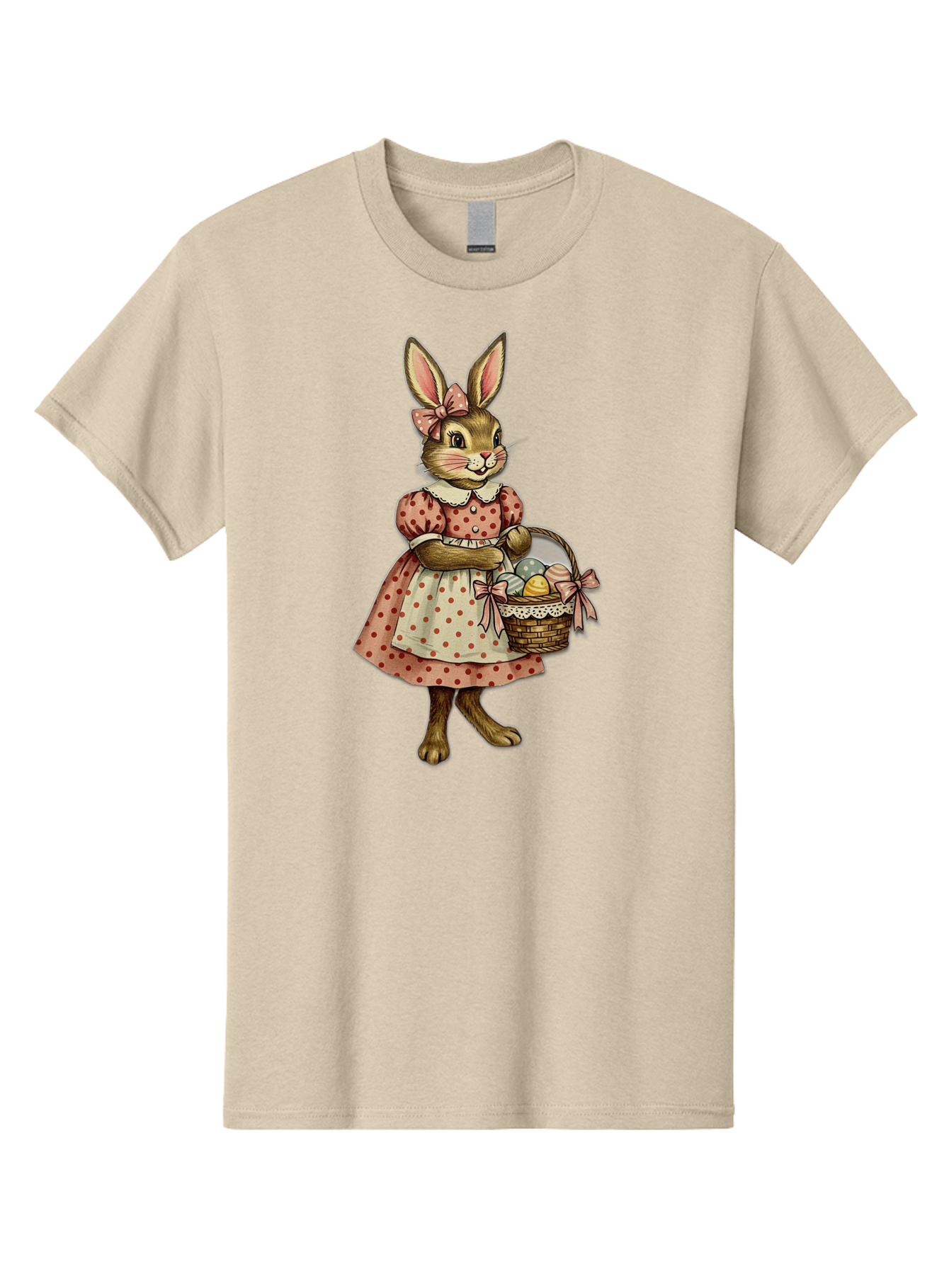 Easter-Bunny Men'S Graphic Tee, 100% Cotton, Comfortable Casual Summer Wear, Machine Washable, Anthropomorphic Rabbit, Easter Eggs, Polka Dot Dress, Wicker Basket, Pastel Colors, Spring Season, Easter Celebration, Vintage Style, Baa599
