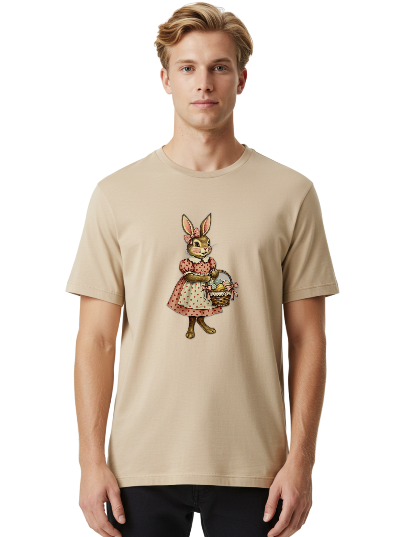 Easter-Bunny Men'S Graphic Tee, 100% Cotton, Comfortable Casual Summer Wear, Machine Washable, Anthropomorphic Rabbit, Easter Eggs, Polka Dot Dress, Wicker Basket, Pastel Colors, Spring Season, Easter Celebration, Vintage Style, Baa599