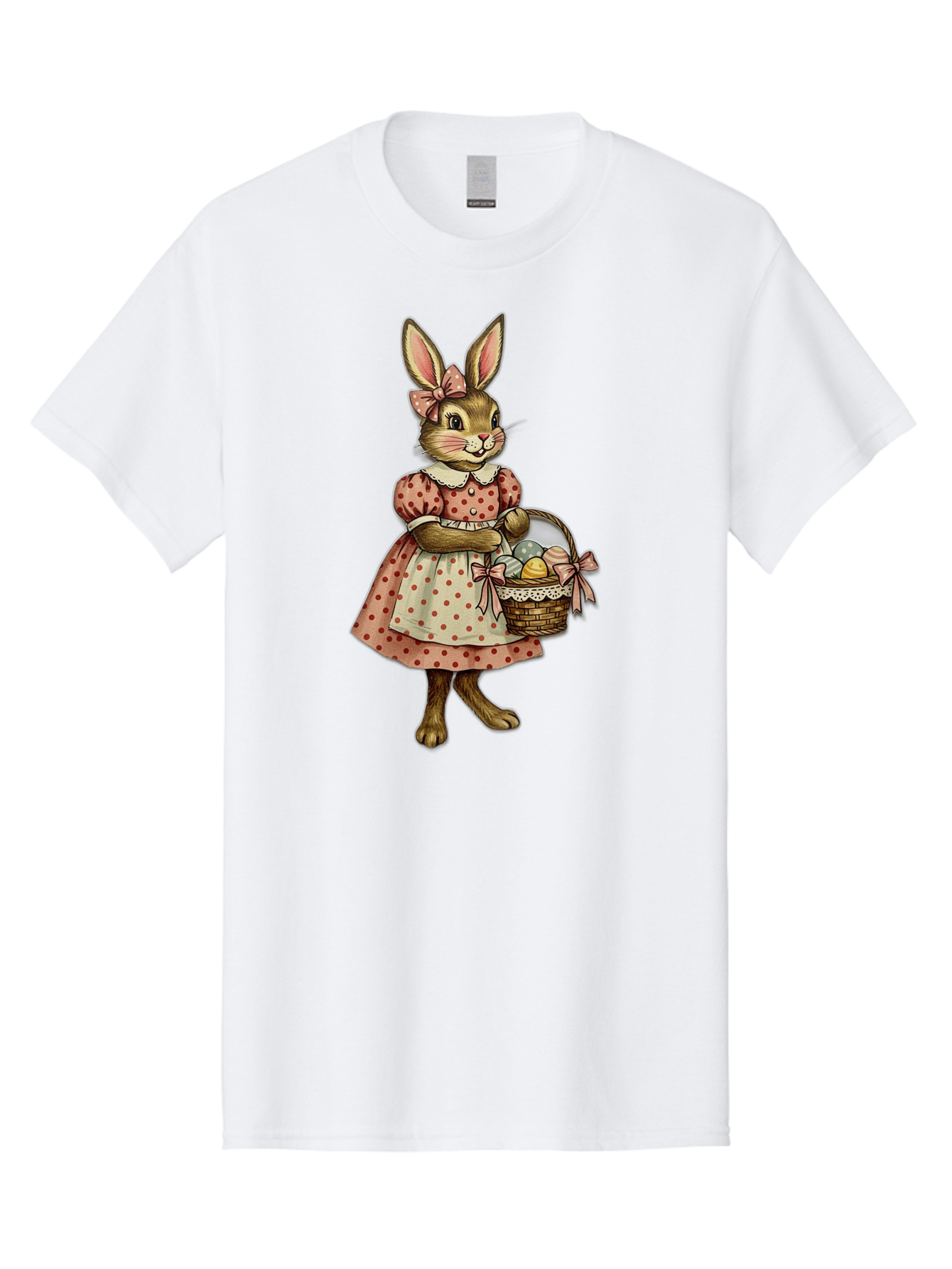 Easter-Bunny Men'S Graphic Tee, 100% Cotton, Comfortable Casual Summer Wear, Machine Washable, Anthropomorphic Rabbit, Easter Eggs, Polka Dot Dress, Wicker Basket, Pastel Colors, Spring Season, Easter Celebration, Vintage Style, Baa599