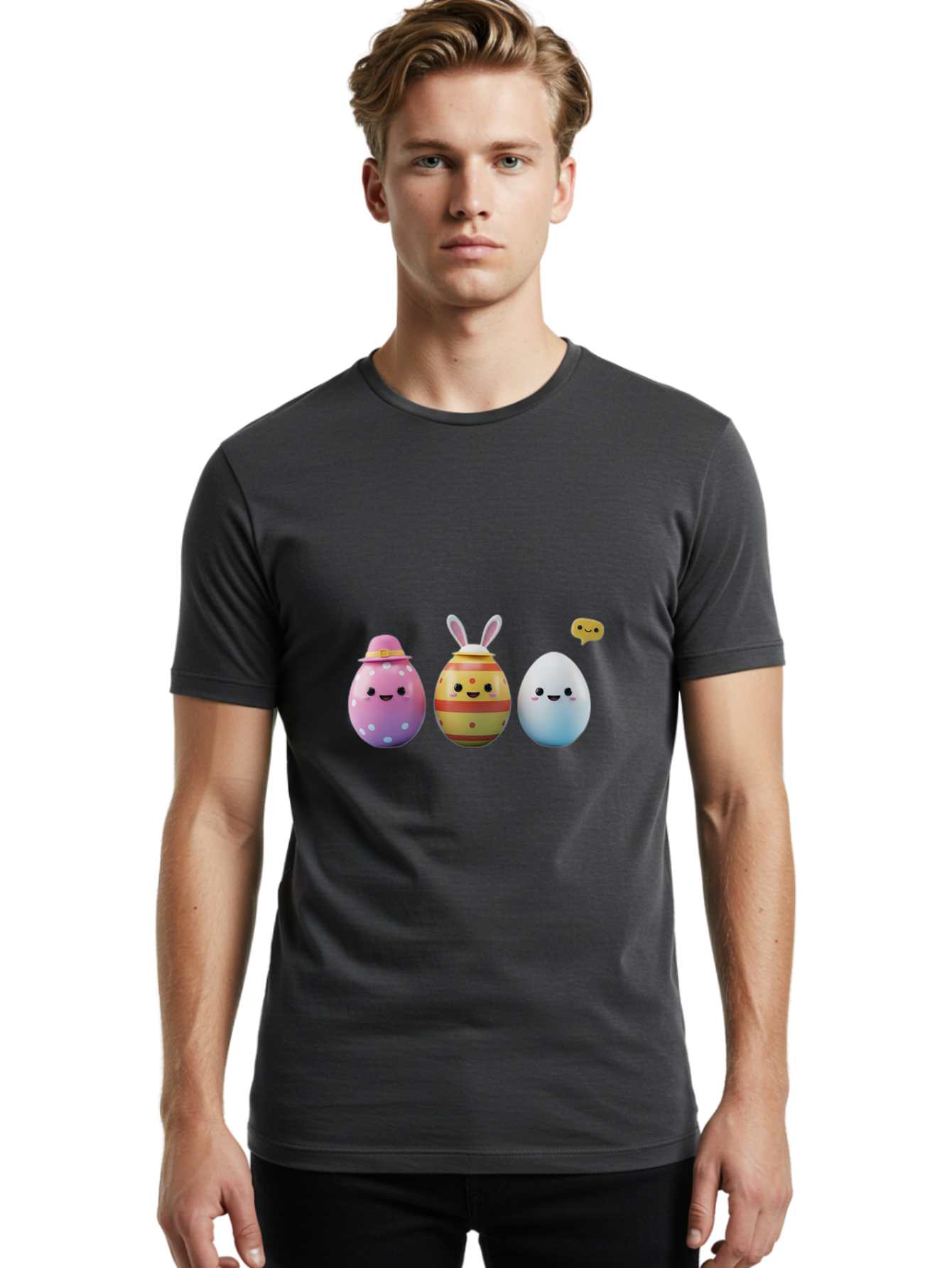 Easter-Eggs-1 Men'S Graphic Tee, 100% Cotton, Comfortable Casual Summer Wear, Machine Washable, Cartoon Easter Eggs, Colorful Eggs, Easter Egg Hunt, Spring Celebration, Adorable Characters, Cute Designs, Easter Egg Characters, Pastel Colors, Baa603