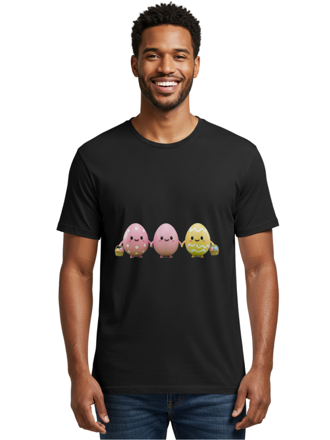 Easter-Eggs-3 Men'S Graphic Tee, 100% Cotton, Comfortable Casual Summer Wear, Machine Washable, Happy Easter Eggs, Smiling Faces, 3D Cartoon Eggs, Pastel Colors, Egg Decorations, Easter Basket, Festive Treats, Adorable Characters, Baa608