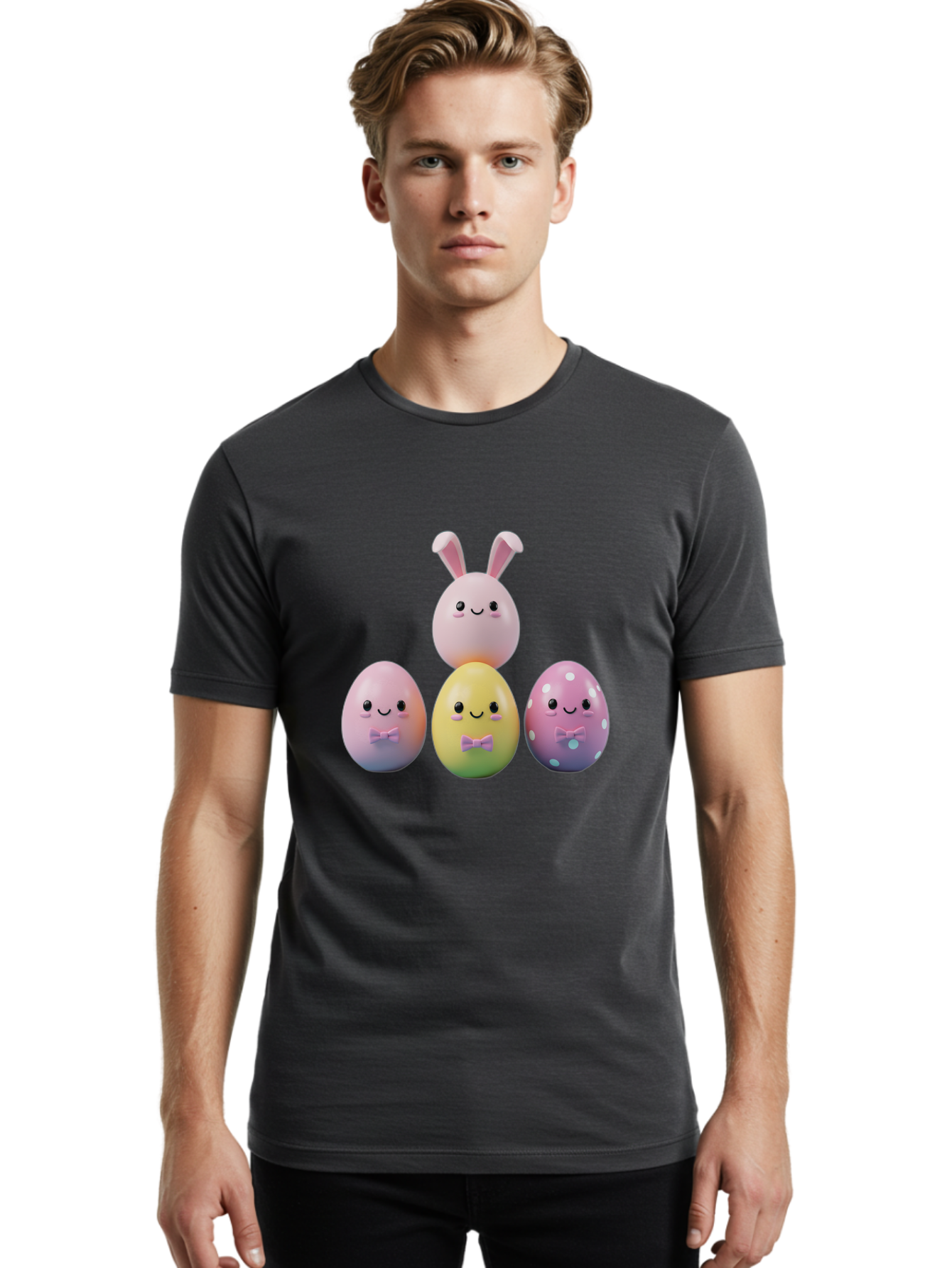 Easter-Eggs-5 Men'S Graphic Tee, 100% Cotton, Comfortable Casual Summer Wear, Machine Washable, Easter Eggs With Smiling Faces, Pastel Colors, Bow Ties, Bunny Ears, Festive Decor, Spring Theme, Cartoon Style, Adorable Characters, Happy Easter, Baa610