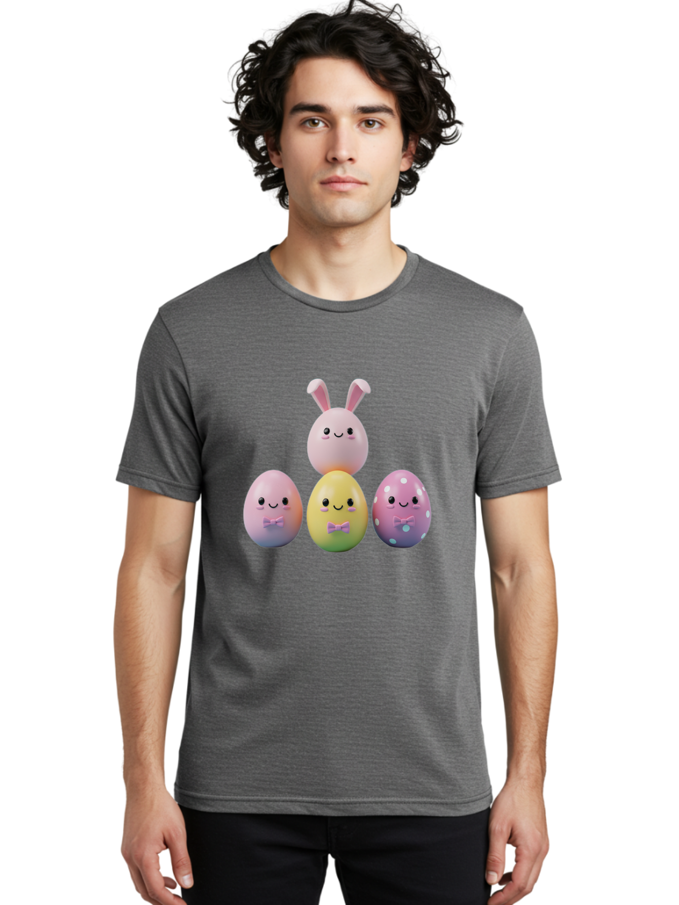 Easter-Eggs-5 Men'S Graphic Tee, 100% Cotton, Comfortable Casual Summer Wear, Machine Washable, Easter Eggs With Smiling Faces, Pastel Colors, Bow Ties, Bunny Ears, Festive Decor, Spring Theme, Cartoon Style, Adorable Characters, Happy Easter, Baa610
