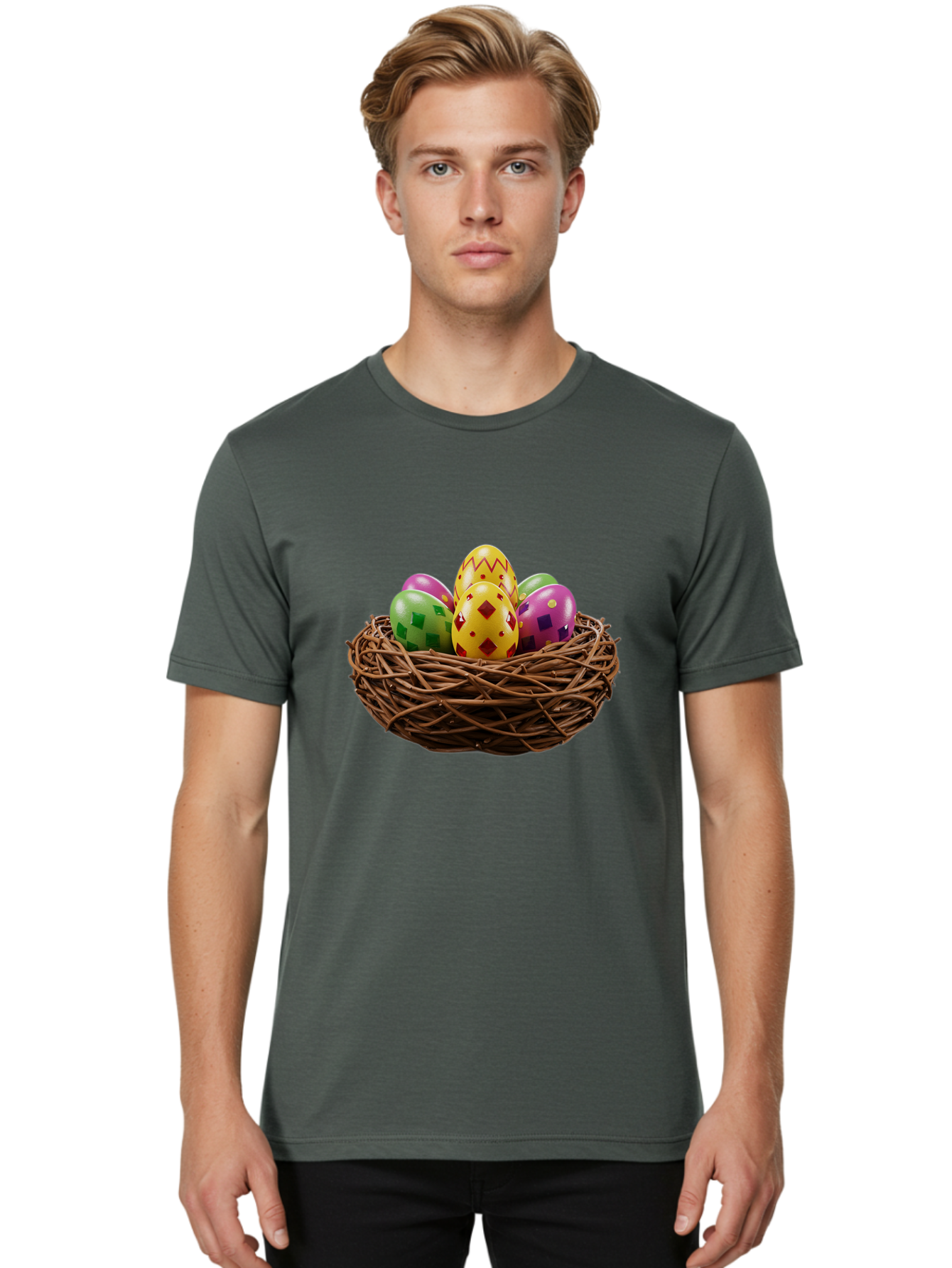 Easter-Eggs-9 Men'S Graphic Tee, 100% Cotton, Comfortable Casual Summer Wear, Machine Washable, Easter Eggs, Colorful Patterns, Diamond Shapes, Checkered Designs, Festive Decorations, Spring Holiday, Colorful Eggs, Decorative Nest Baa614