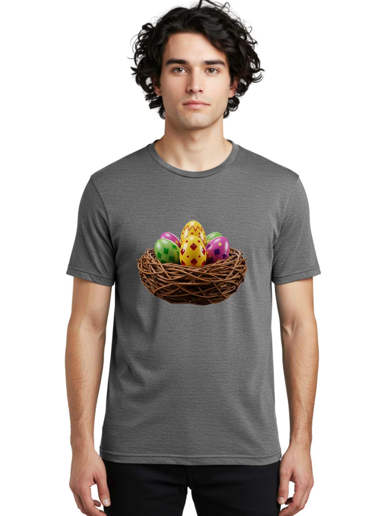 Easter-Eggs-9 Men'S Graphic Tee, 100% Cotton, Comfortable Casual Summer Wear, Machine Washable, Easter Eggs, Colorful Patterns, Diamond Shapes, Checkered Designs, Festive Decorations, Spring Holiday, Colorful Eggs, Decorative Nest Baa614